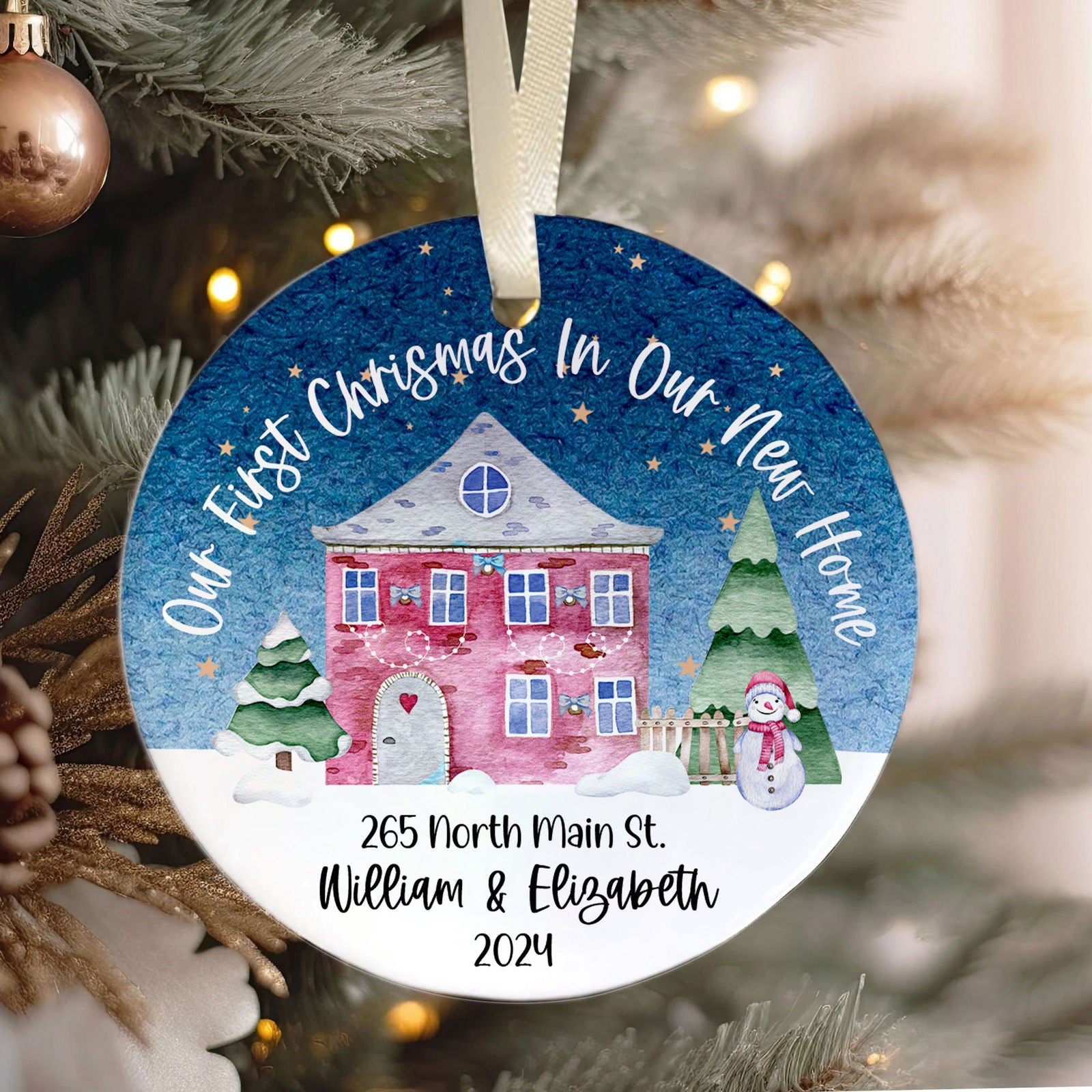 New Home Ornament, Christmas Wreath Ornament, Ceramic New Home Ornament, Personalized First Christmas New Home Ornament, Custom Ceramic Keepsake with Address, Names & Year, 3x3 Inch Christmas Decoration CX02-19 - Kindlytoys