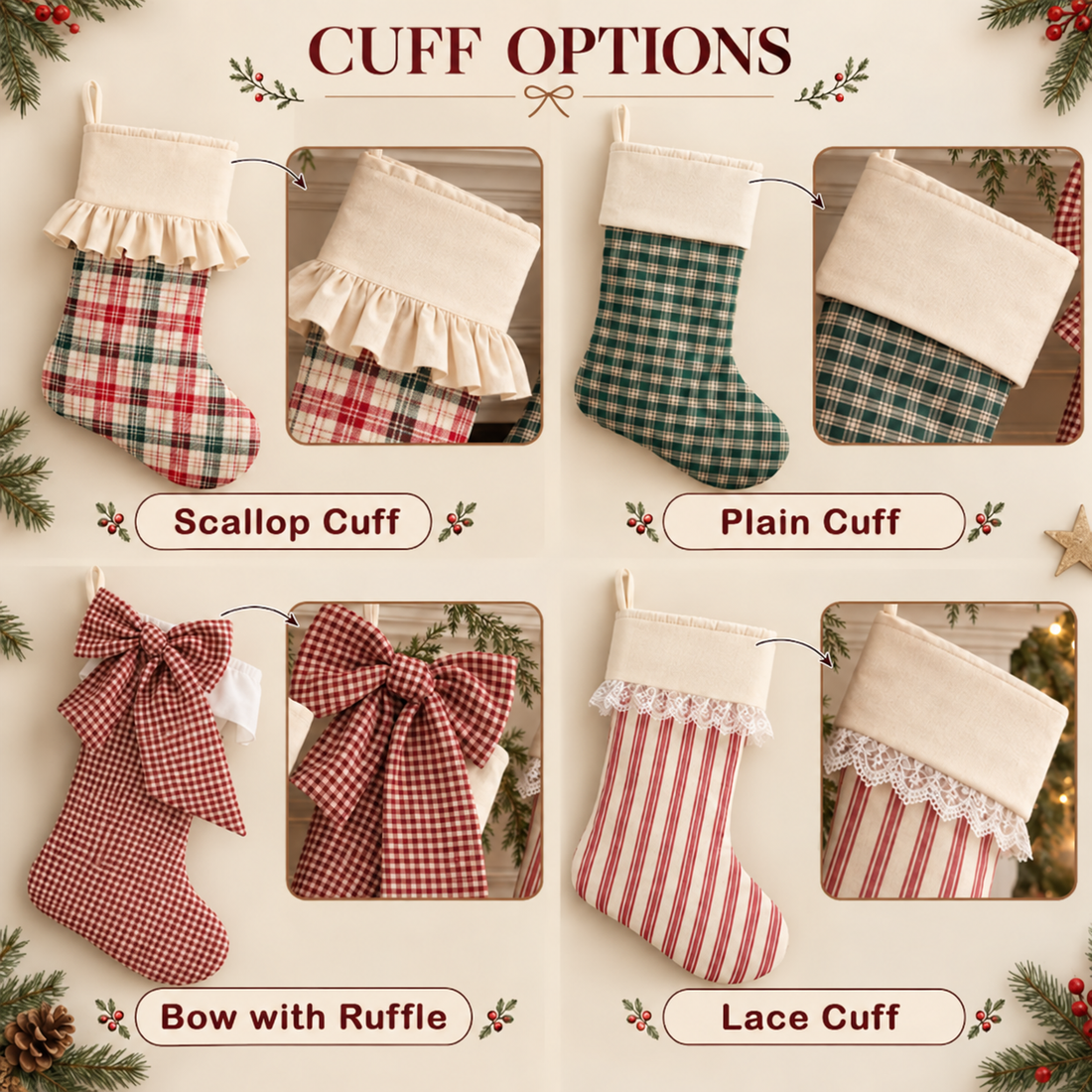Personalized Christmas Stocking With Yarn Name – Custom Fabric Stocking With Cuff Options, Family Mantel Decor & Christmas Gift KH13