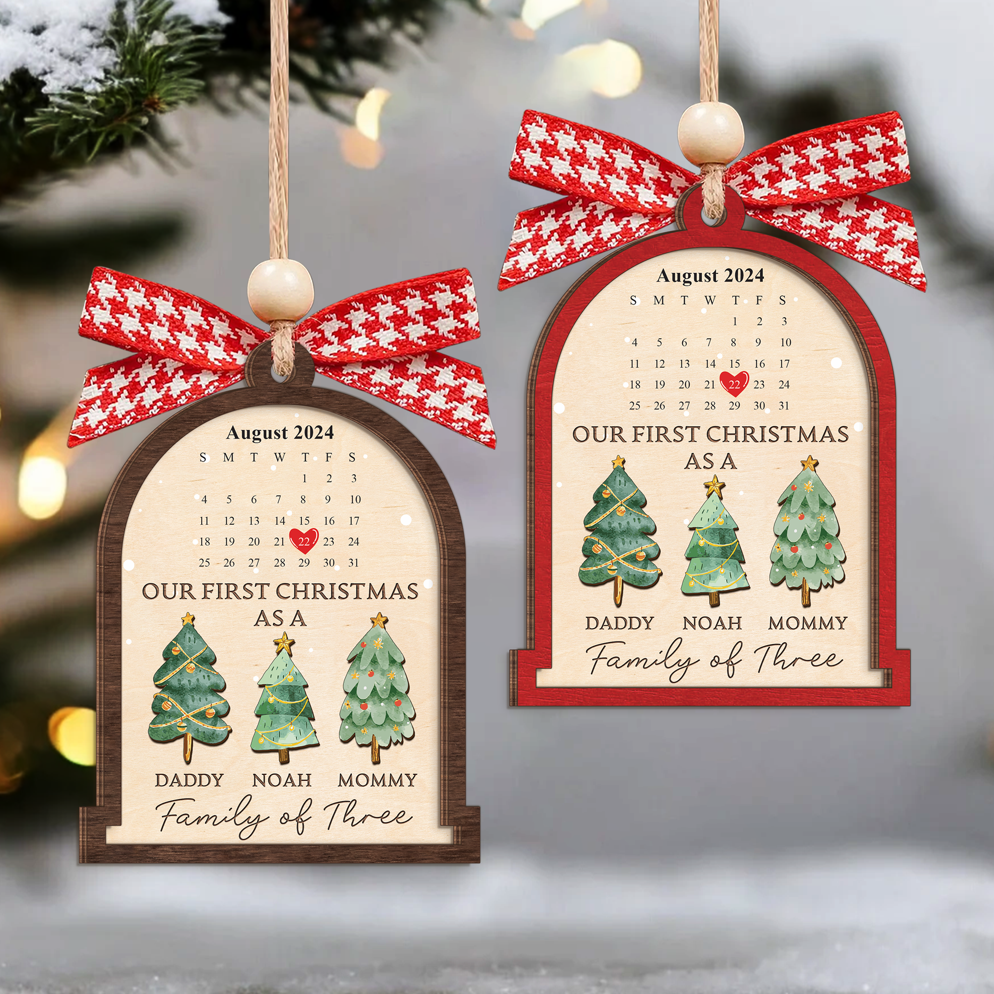 Personalized Family Of Three Christmas Ornament, Baby's First Christmas Ornament Wooden 2 Layers CF504