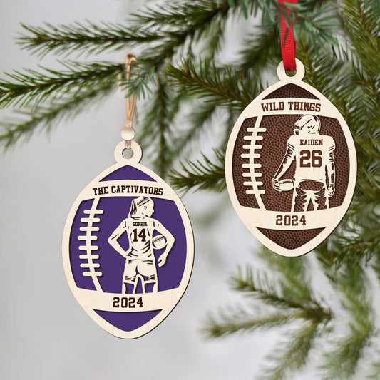 Personalized Football Ornament, 2 Layered and Engraved Wooden Ornament CF424