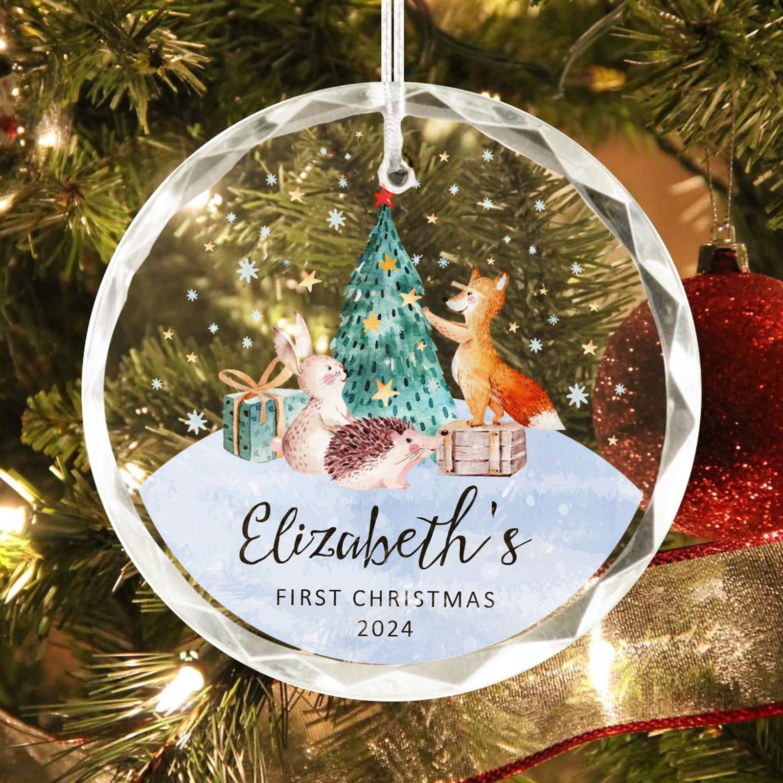 Personalized Baby's First Christmas Glass Ornament, Personalized Woodland Creatures, Baby Deer Ornament, Holiday Keepsake Ornament, New Baby Gift, 2024 Custom Baby Ornament GX02-21 - Kindlytoys