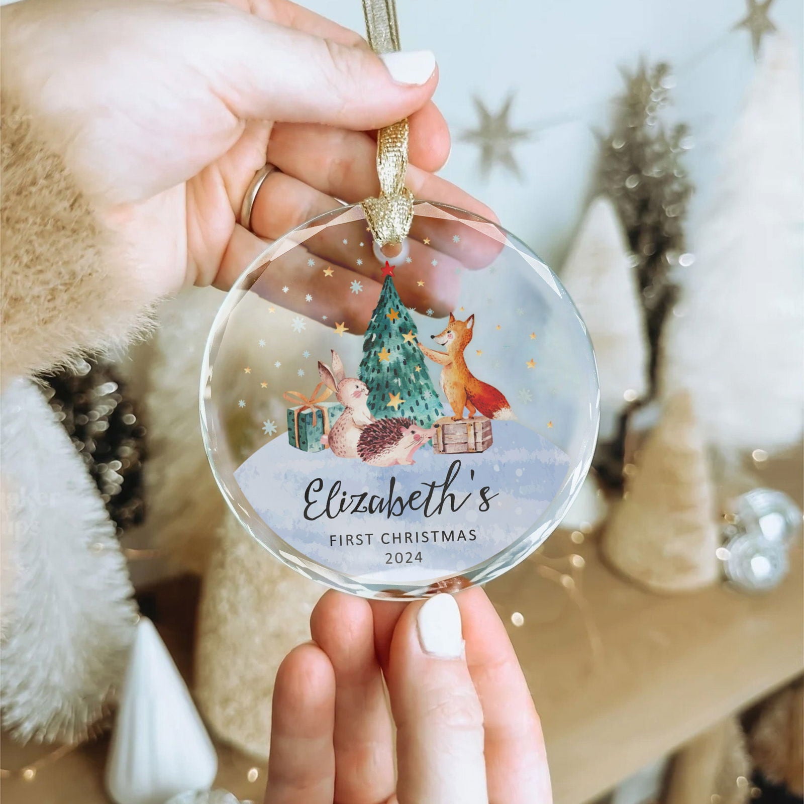 Personalized Baby's First Christmas Glass Ornament, Personalized Woodland Creatures, Baby Deer Ornament, Holiday Keepsake Ornament, New Baby Gift, 2024 Custom Baby Ornament GX02-21 - Kindlytoys