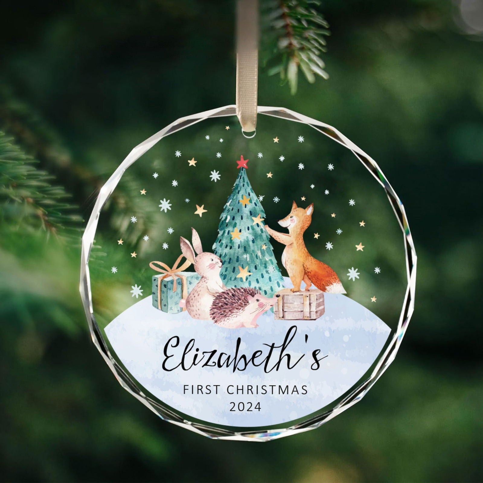 Personalized Baby's First Christmas Glass Ornament, Personalized Woodland Creatures, Baby Deer Ornament, Holiday Keepsake Ornament, New Baby Gift, 2024 Custom Baby Ornament GX02-21 - Kindlytoys