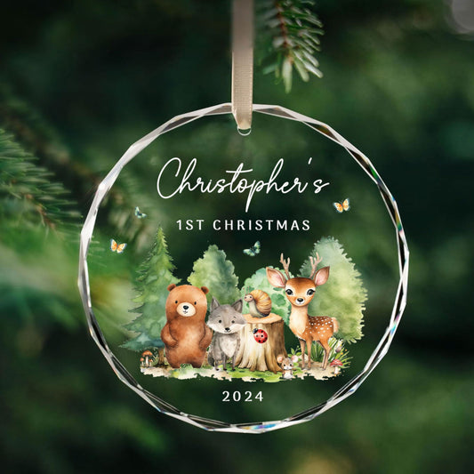 Personalized Baby's First Christmas Woodland Creatures Glass Ornament, Personalized Baby Deer Ornament, Holiday Keepsake Ornament, New Baby Gift, 2024 Custom Baby Ornament GX02-18 - Kindlytoys