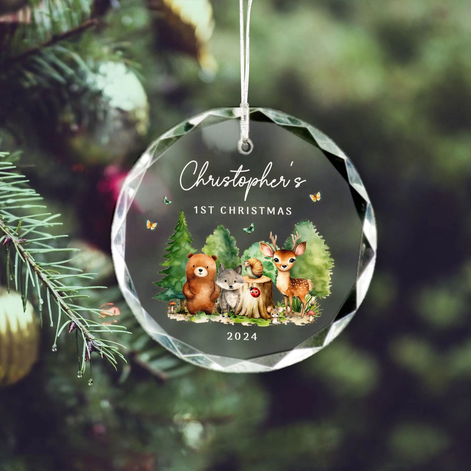 Personalized Baby's First Christmas Woodland Creatures Glass Ornament, Personalized Baby Deer Ornament, Holiday Keepsake Ornament, New Baby Gift, 2024 Custom Baby Ornament GX02-18 - Kindlytoys
