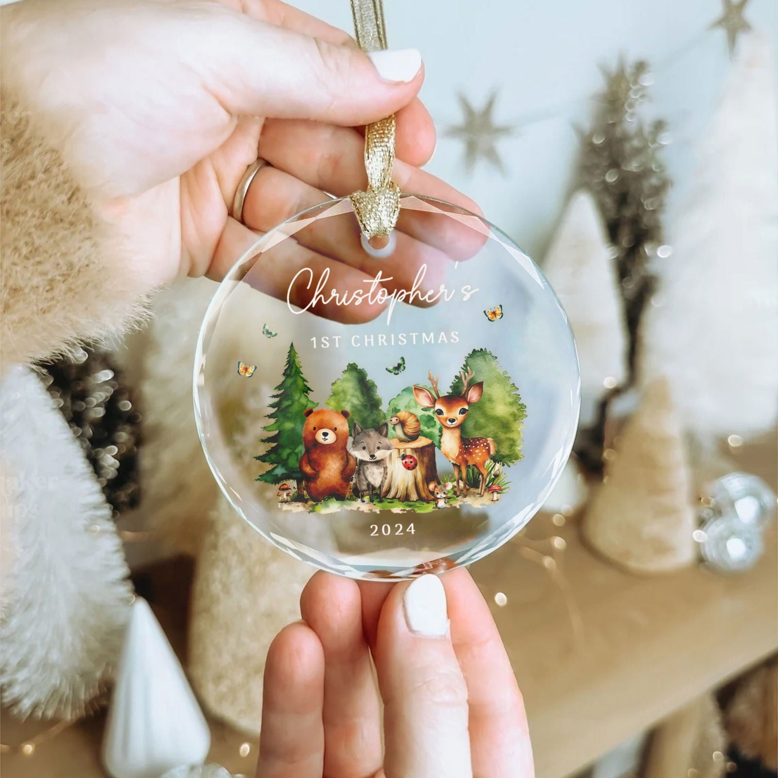Personalized Baby's First Christmas Woodland Creatures Glass Ornament, Personalized Baby Deer Ornament, Holiday Keepsake Ornament, New Baby Gift, 2024 Custom Baby Ornament GX02-18 - Kindlytoys