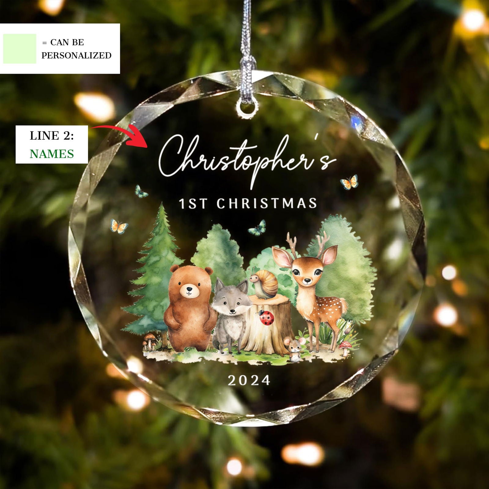 Personalized Baby's First Christmas Woodland Creatures Glass Ornament, Personalized Baby Deer Ornament, Holiday Keepsake Ornament, New Baby Gift, 2024 Custom Baby Ornament GX02-18 - Kindlytoys