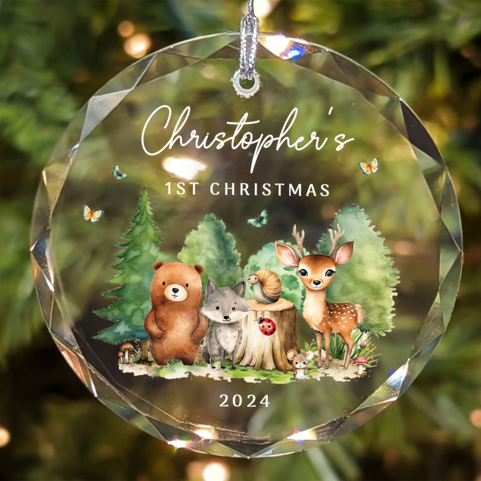 Personalized Baby's First Christmas Woodland Creatures Glass Ornament, Personalized Baby Deer Ornament, Holiday Keepsake Ornament, New Baby Gift, 2024 Custom Baby Ornament GX02-18 - Kindlytoys