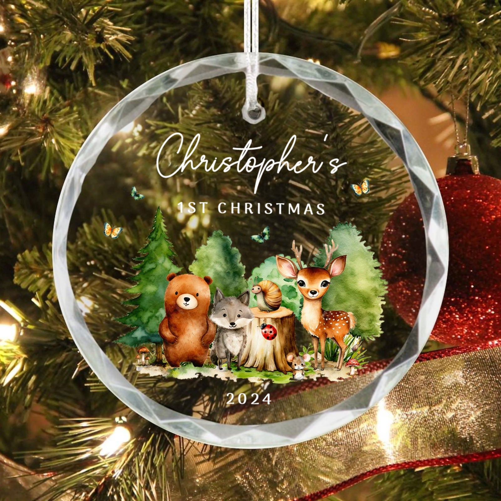 Personalized Baby's First Christmas Woodland Creatures Glass Ornament, Personalized Baby Deer Ornament, Holiday Keepsake Ornament, New Baby Gift, 2024 Custom Baby Ornament GX02-18 - Kindlytoys
