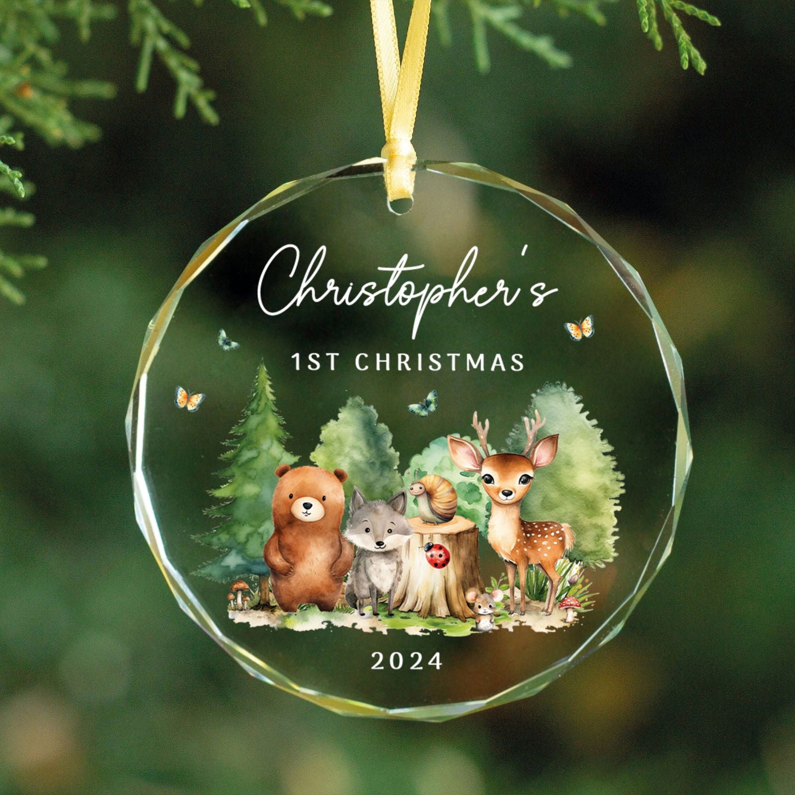 Personalized Baby's First Christmas Woodland Creatures Glass Ornament, Personalized Baby Deer Ornament, Holiday Keepsake Ornament, New Baby Gift, 2024 Custom Baby Ornament GX02-18 - Kindlytoys
