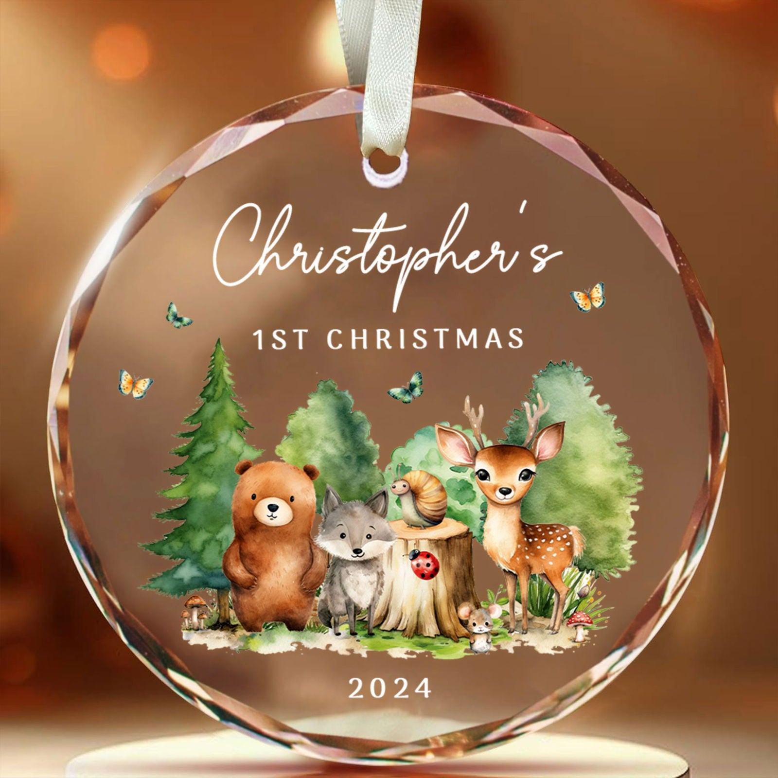 Personalized Baby's First Christmas Woodland Creatures Glass Ornament, Personalized Baby Deer Ornament, Holiday Keepsake Ornament, New Baby Gift, 2024 Custom Baby Ornament GX02-18 - Kindlytoys