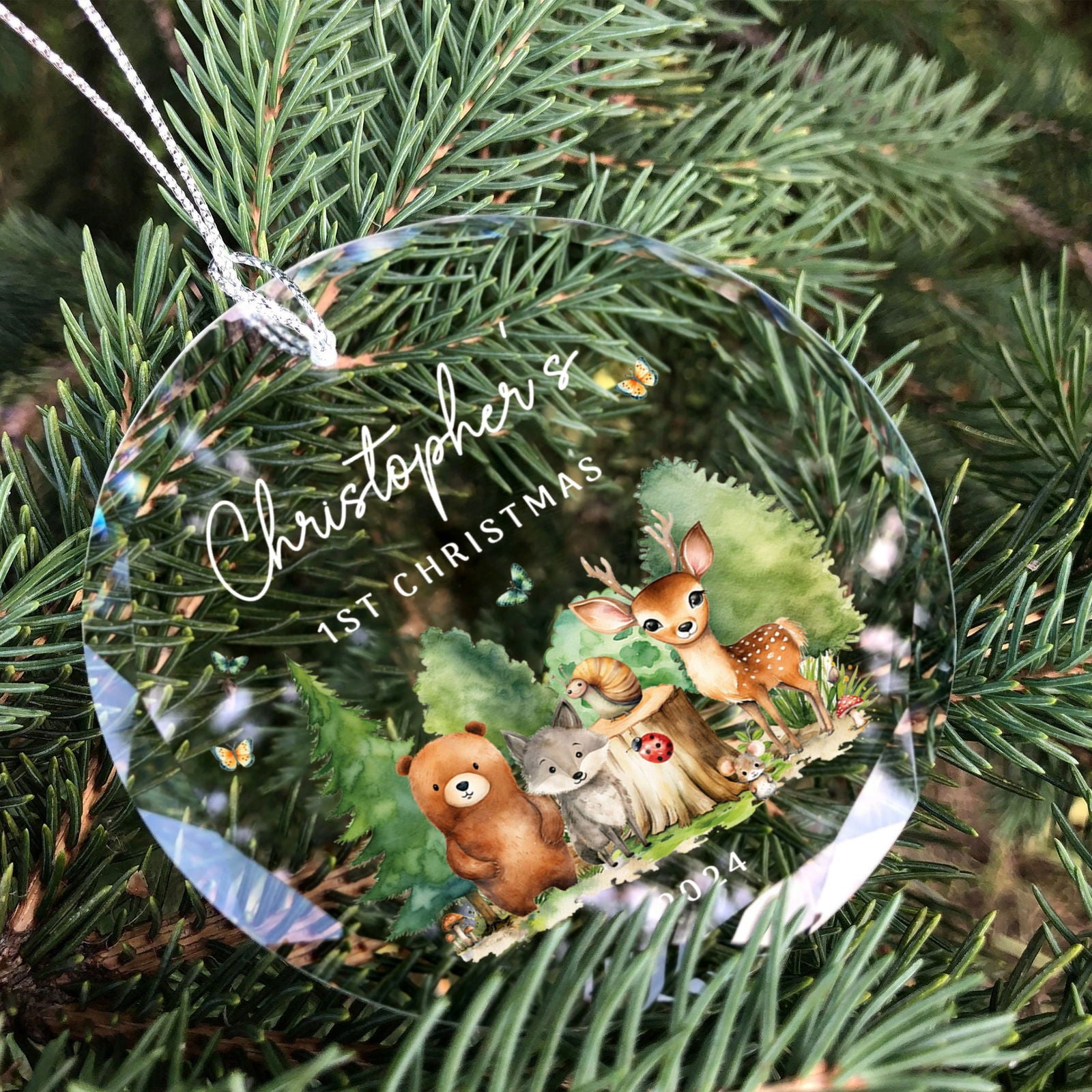 Personalized Baby's First Christmas Woodland Creatures Glass Ornament, Personalized Baby Deer Ornament, Holiday Keepsake Ornament, New Baby Gift, 2024 Custom Baby Ornament GX02-18 - Kindlytoys