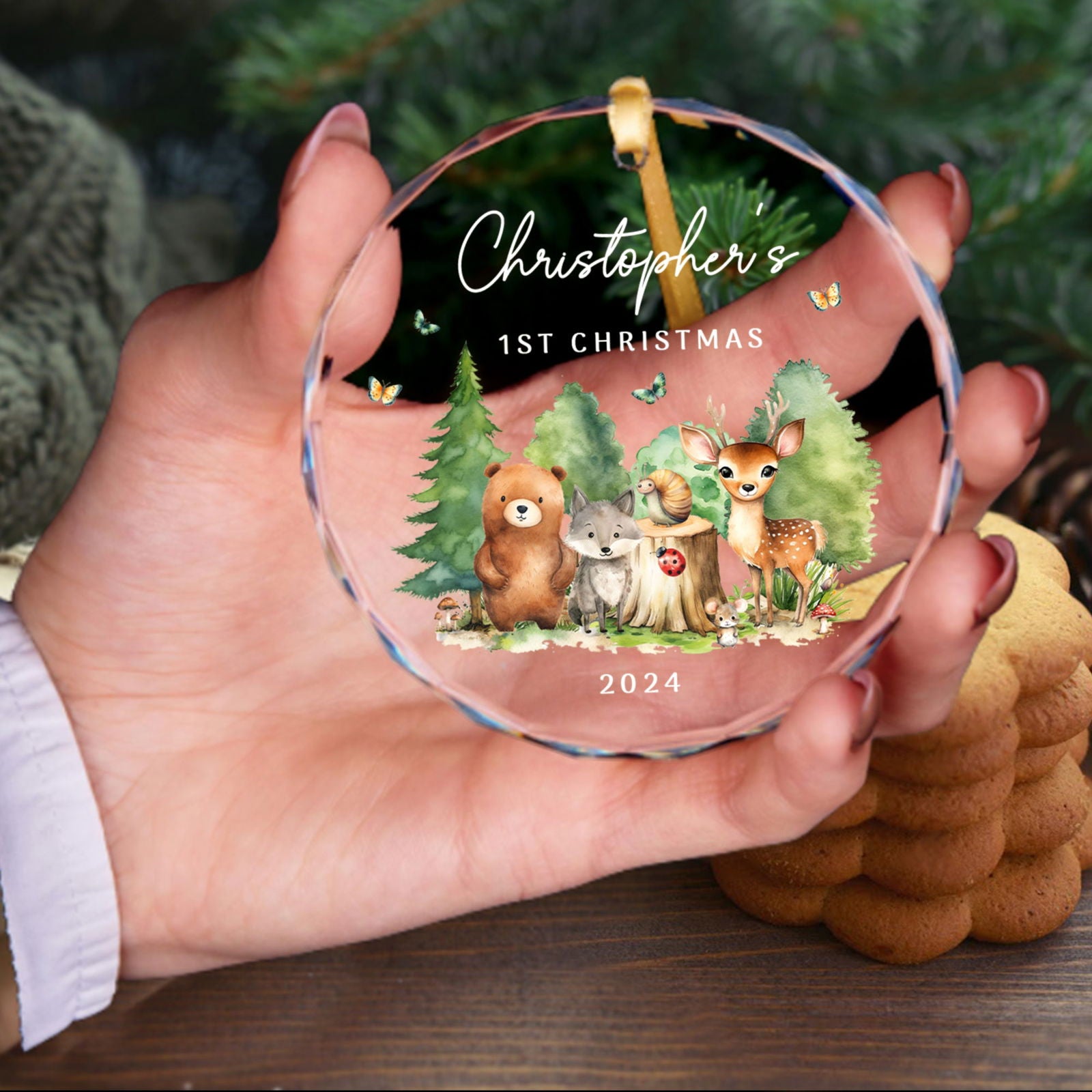 Personalized Baby's First Christmas Woodland Creatures Glass Ornament, Personalized Baby Deer Ornament, Holiday Keepsake Ornament, New Baby Gift, 2024 Custom Baby Ornament GX02-18 - Kindlytoys