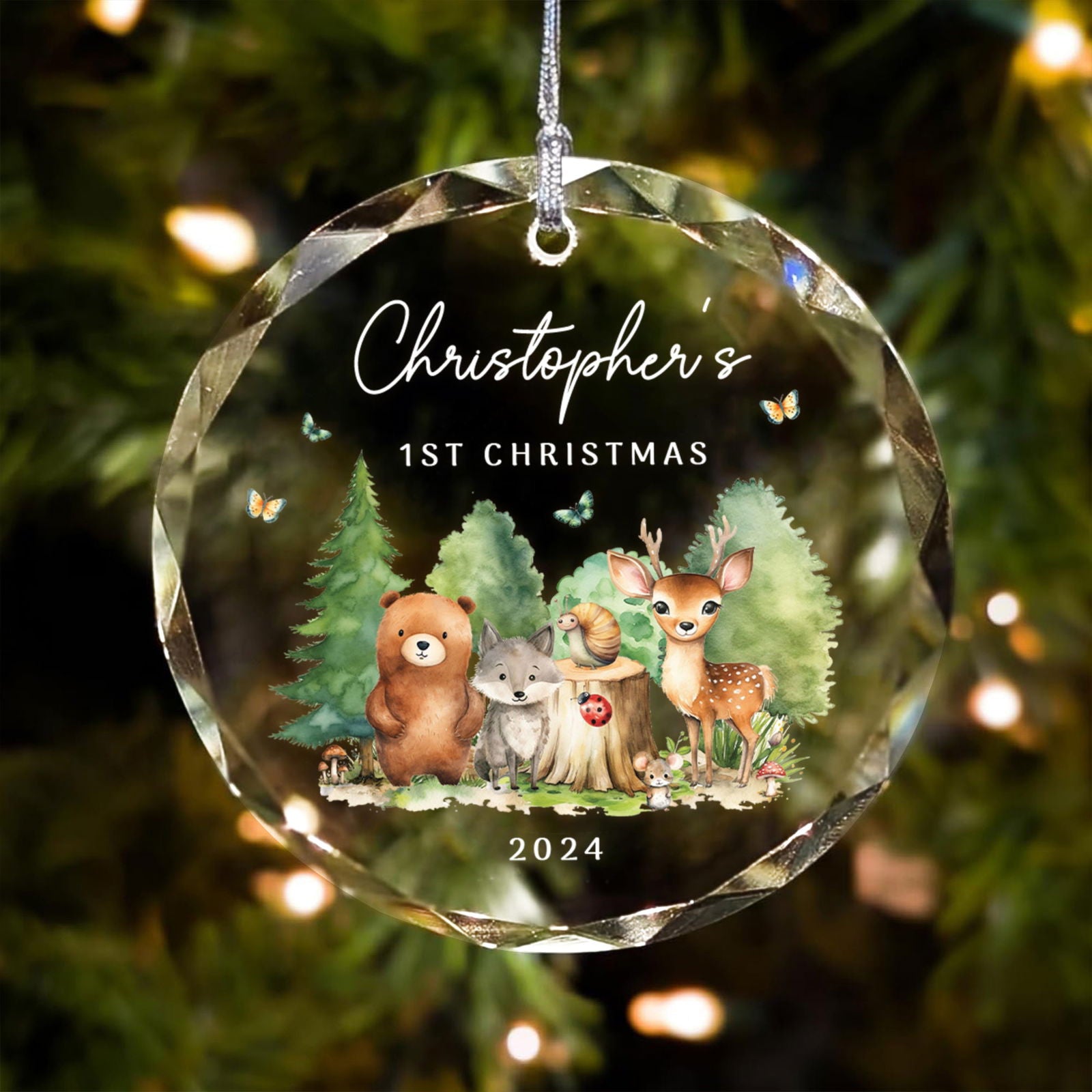 Personalized Baby's First Christmas Woodland Creatures Glass Ornament, Personalized Baby Deer Ornament, Holiday Keepsake Ornament, New Baby Gift, 2024 Custom Baby Ornament GX02-18 - Kindlytoys
