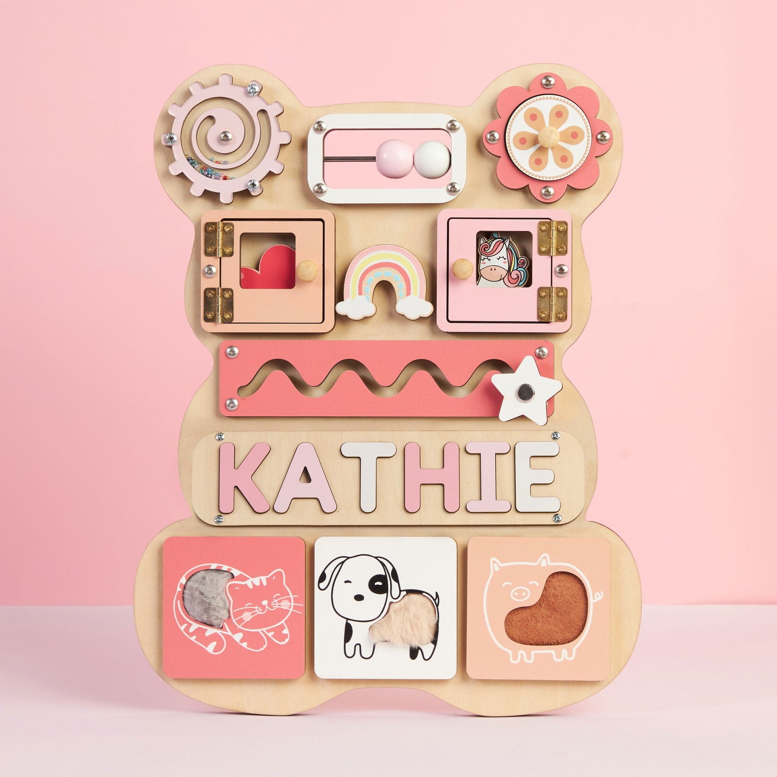 Personalized Bear Busy Board Infant - Wooden Montessori Toys | KindlyToys BB62 - Kindlytoys