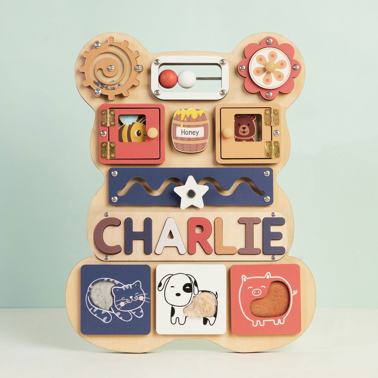 Personalized Bear Busy Board Infant - Wooden Montessori Toys | KindlyToys BB62 - Kindlytoys