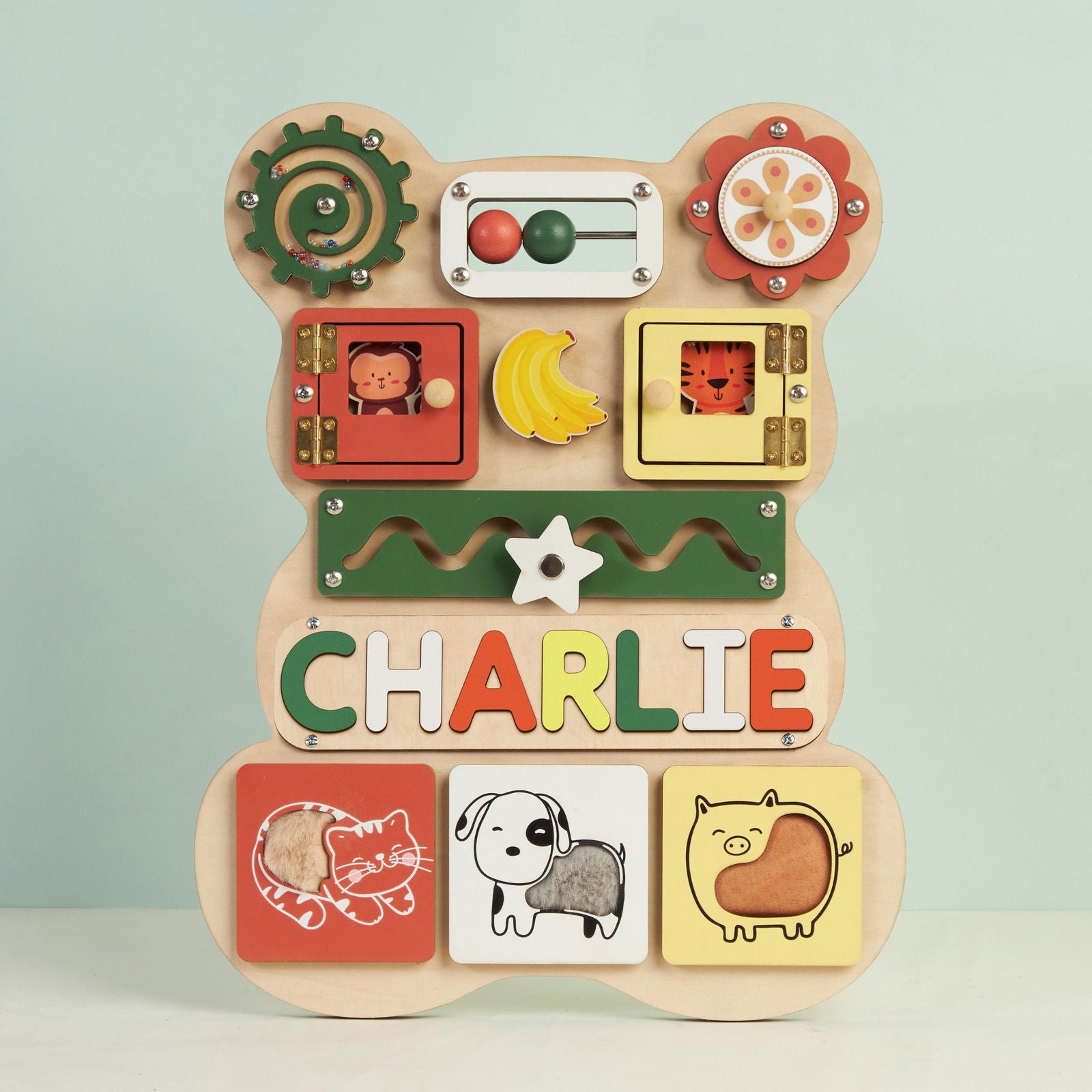 Personalized Bear Busy Board Infant - Wooden Montessori Toys | KindlyToys BB62 - Kindlytoys