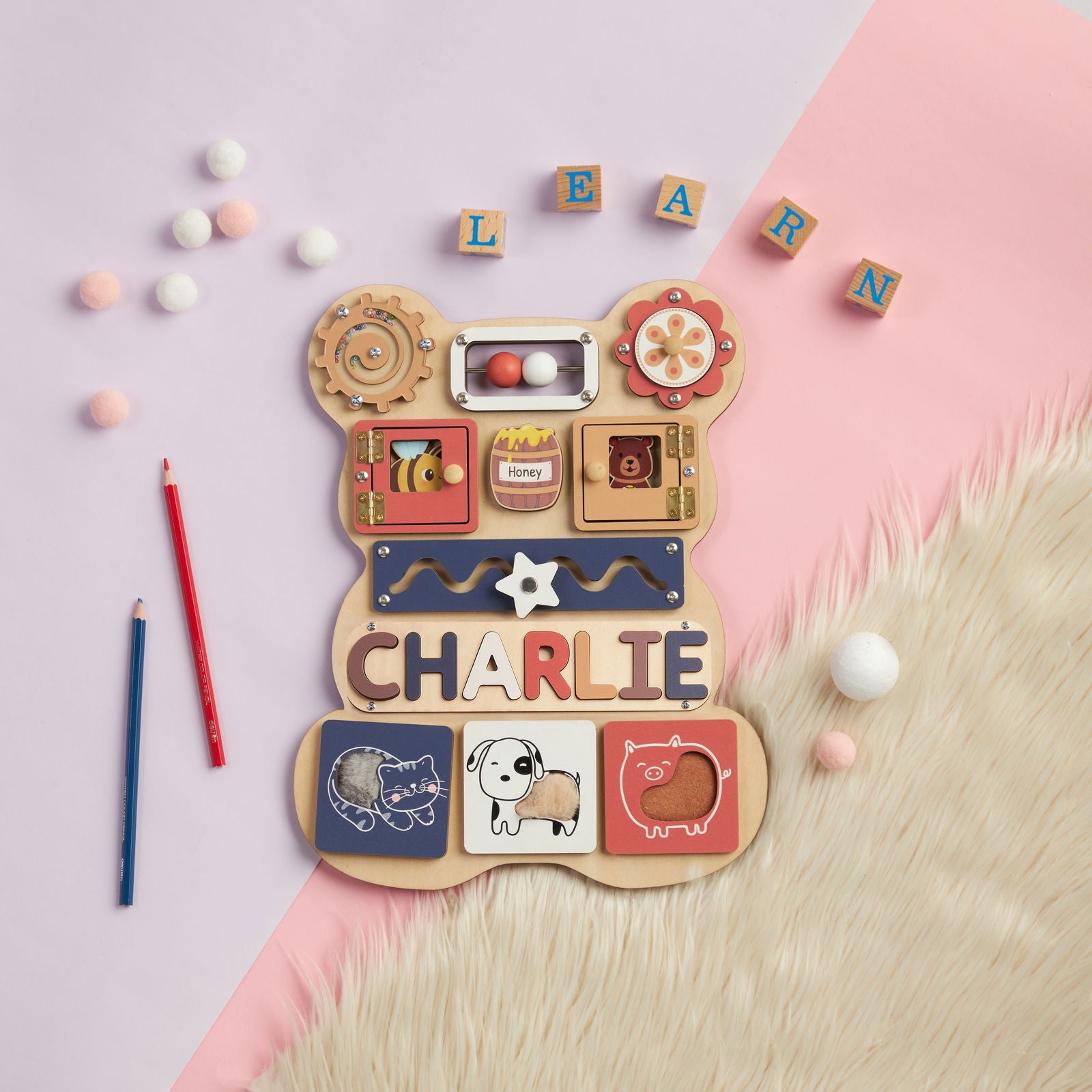 Personalized Bear Busy Board Infant - Wooden Montessori Toys | KindlyToys BB62 - Kindlytoys