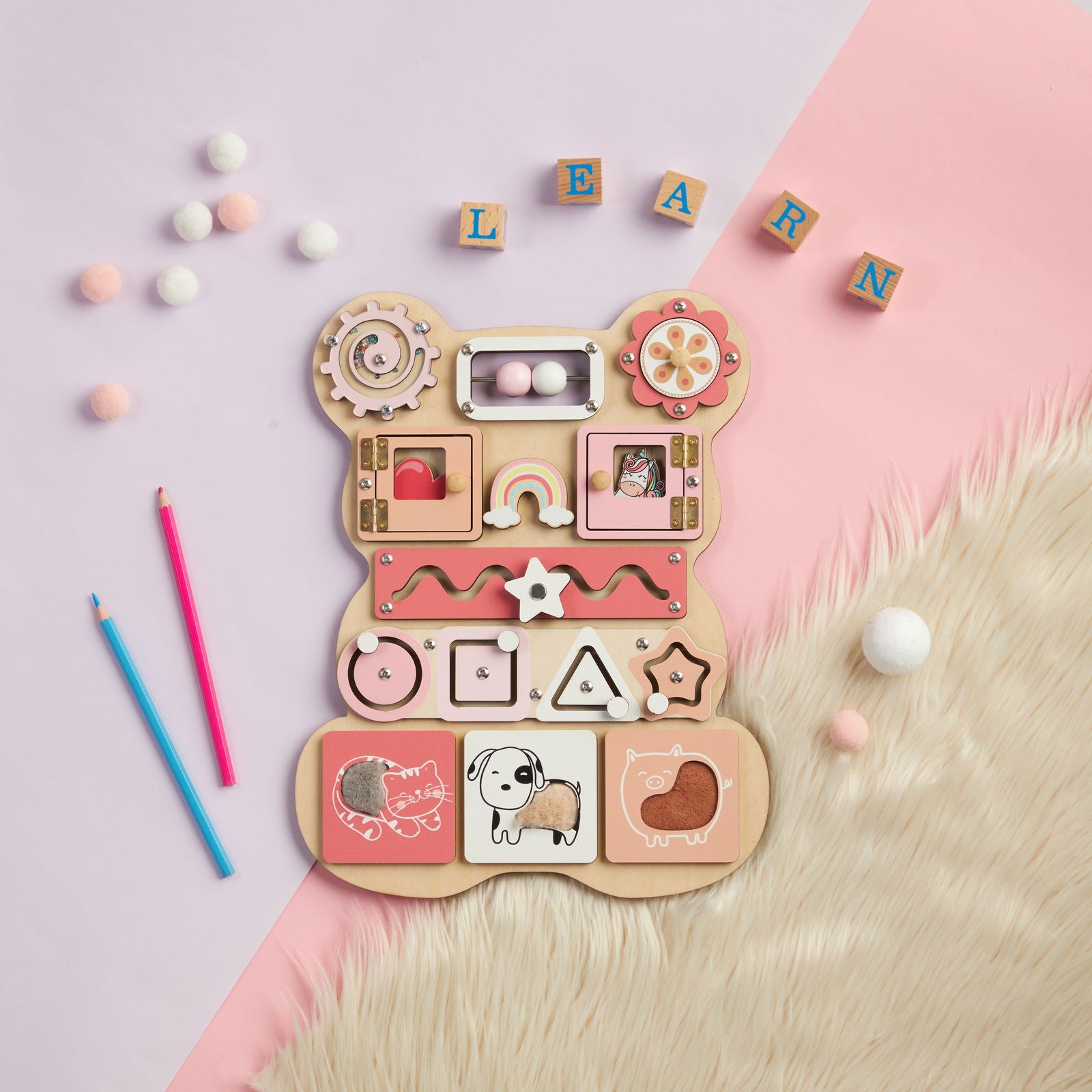 Personalized Bear Busy Board Infant - Wooden Montessori Toys | KindlyToys BB62 - Kindlytoys