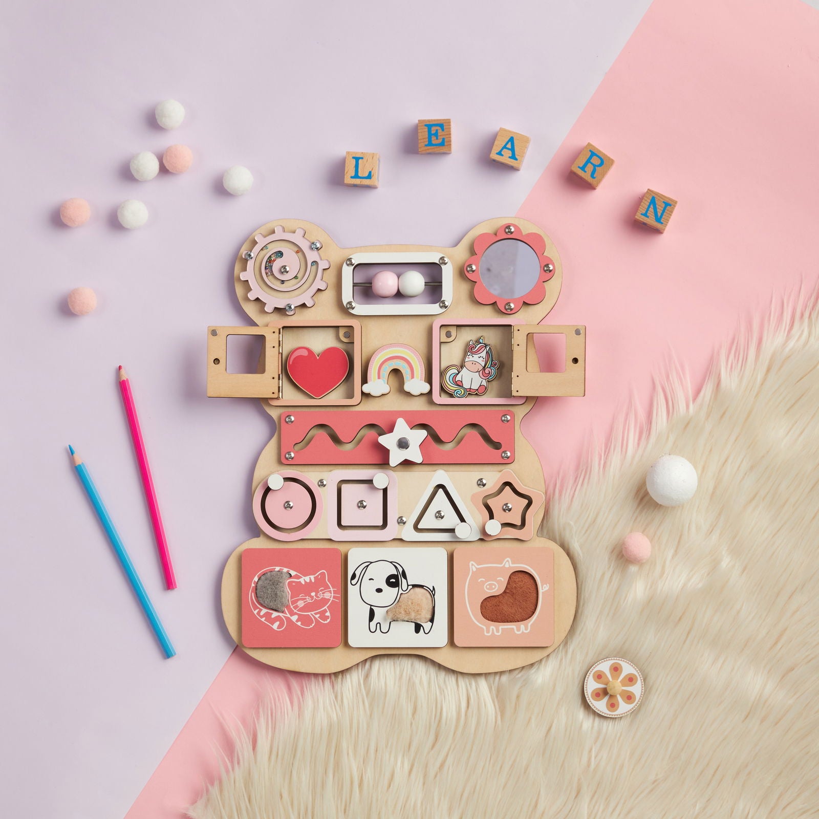 Personalized Bear Busy Board Infant - Wooden Montessori Toys | KindlyToys BB62 - Kindlytoys