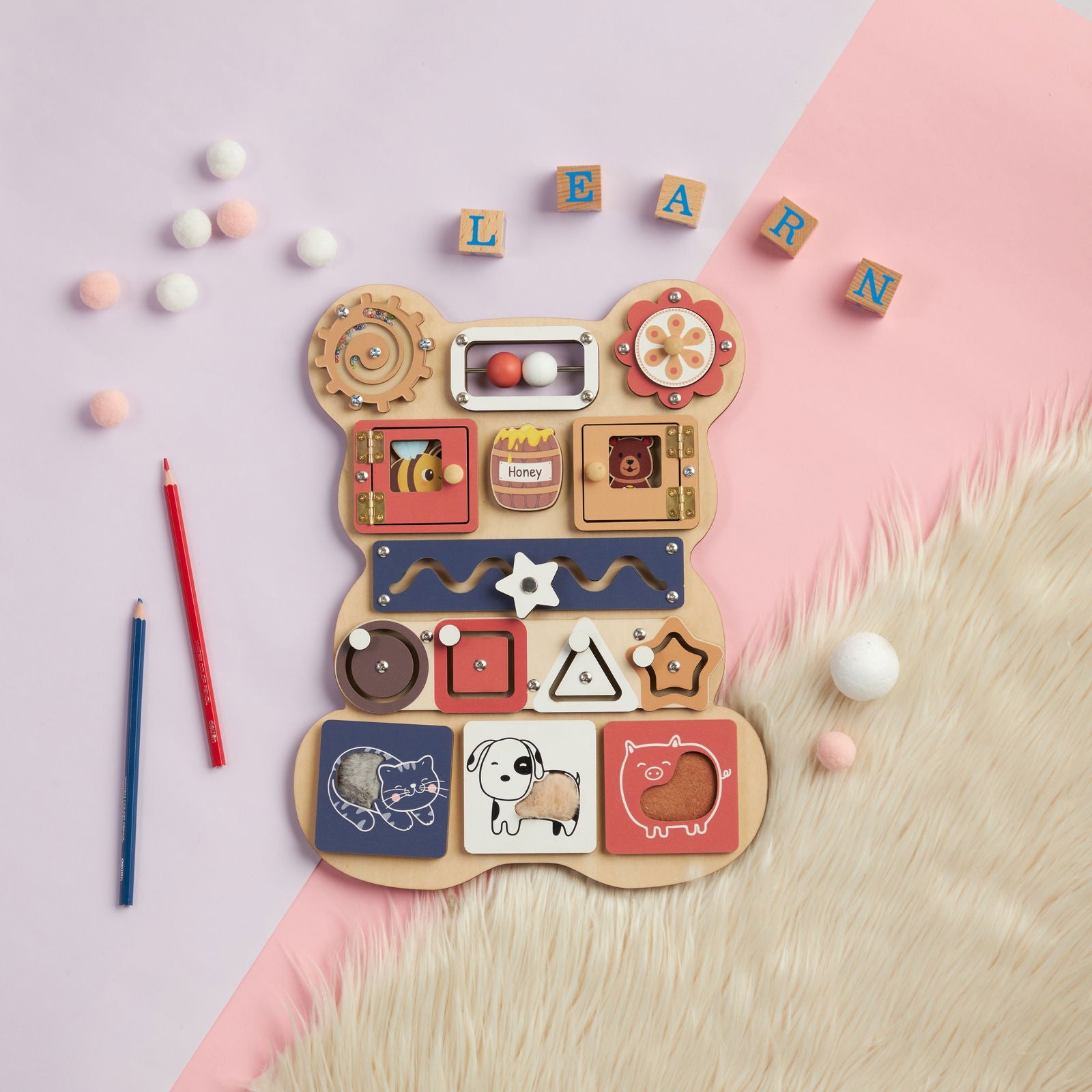 Personalized Bear Busy Board Infant - Wooden Montessori Toys | KindlyToys BB62 - Kindlytoys