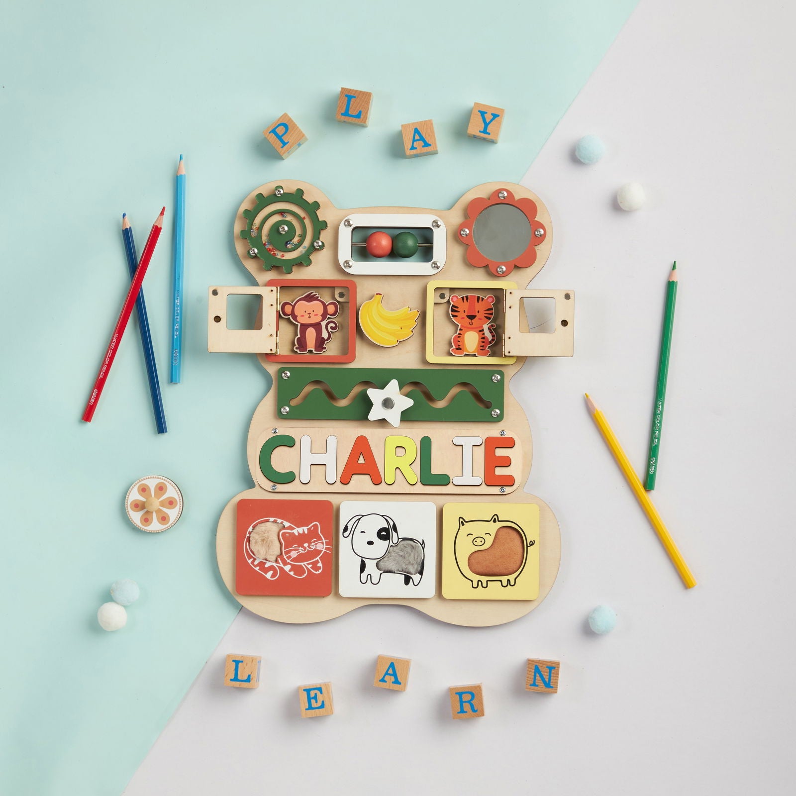 Personalized Bear Busy Board Infant - Wooden Montessori Toys | KindlyToys BB62 - Kindlytoys