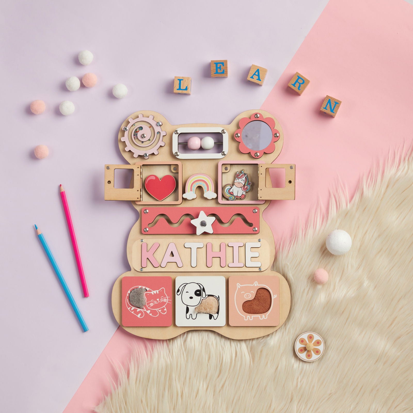 Personalized Bear Busy Board Infant - Wooden Montessori Toys | KindlyToys BB62 - Kindlytoys