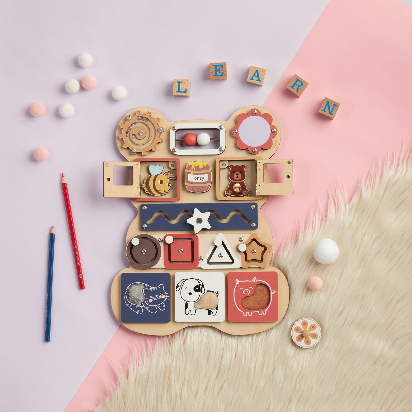 Personalized Bear Busy Board Infant - Wooden Montessori Toys | KindlyToys BB62 - Kindlytoys