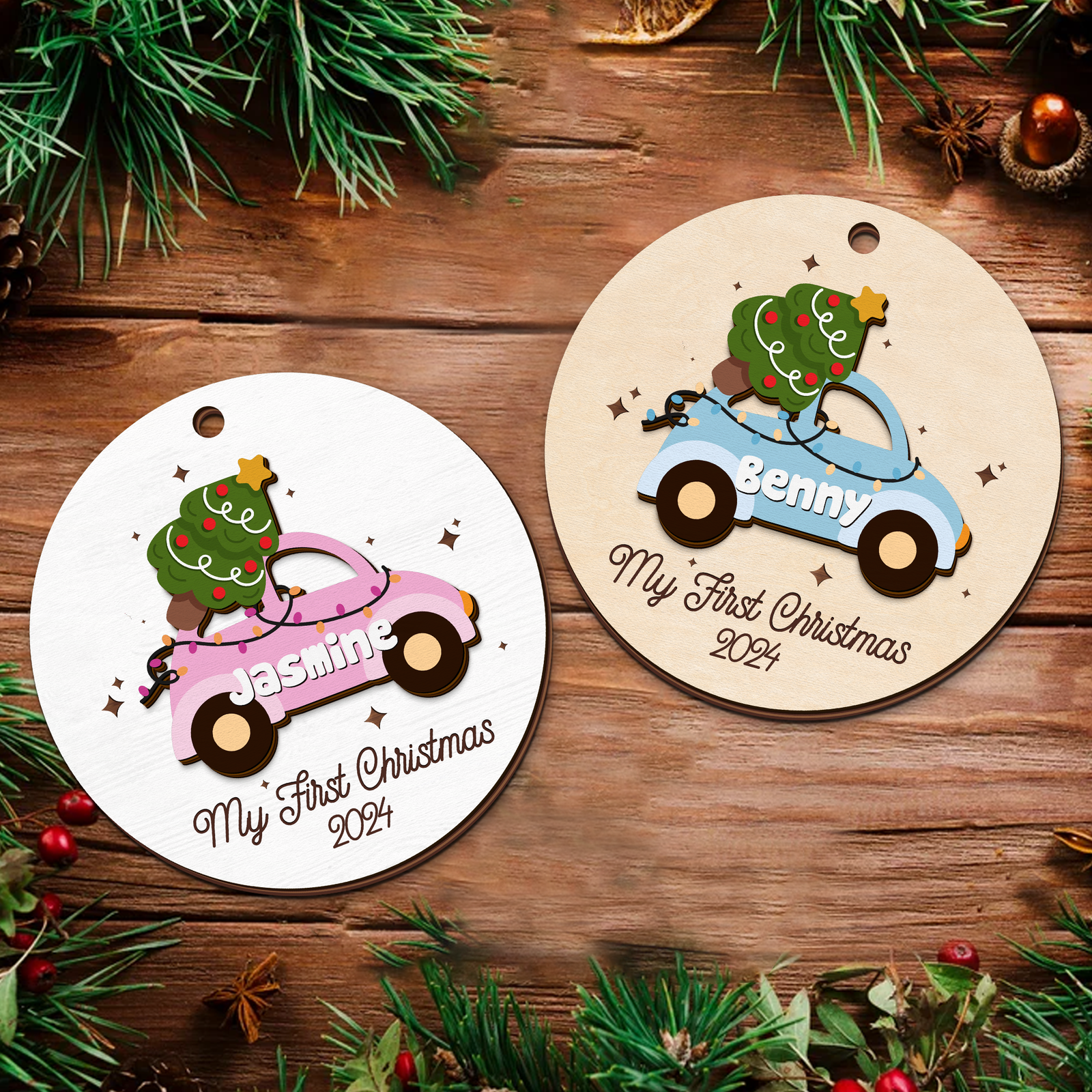 Personalized Christmas Car Baby Ornament, Wooden Baby First Christmas Ornament CF634 - Kindlytoys