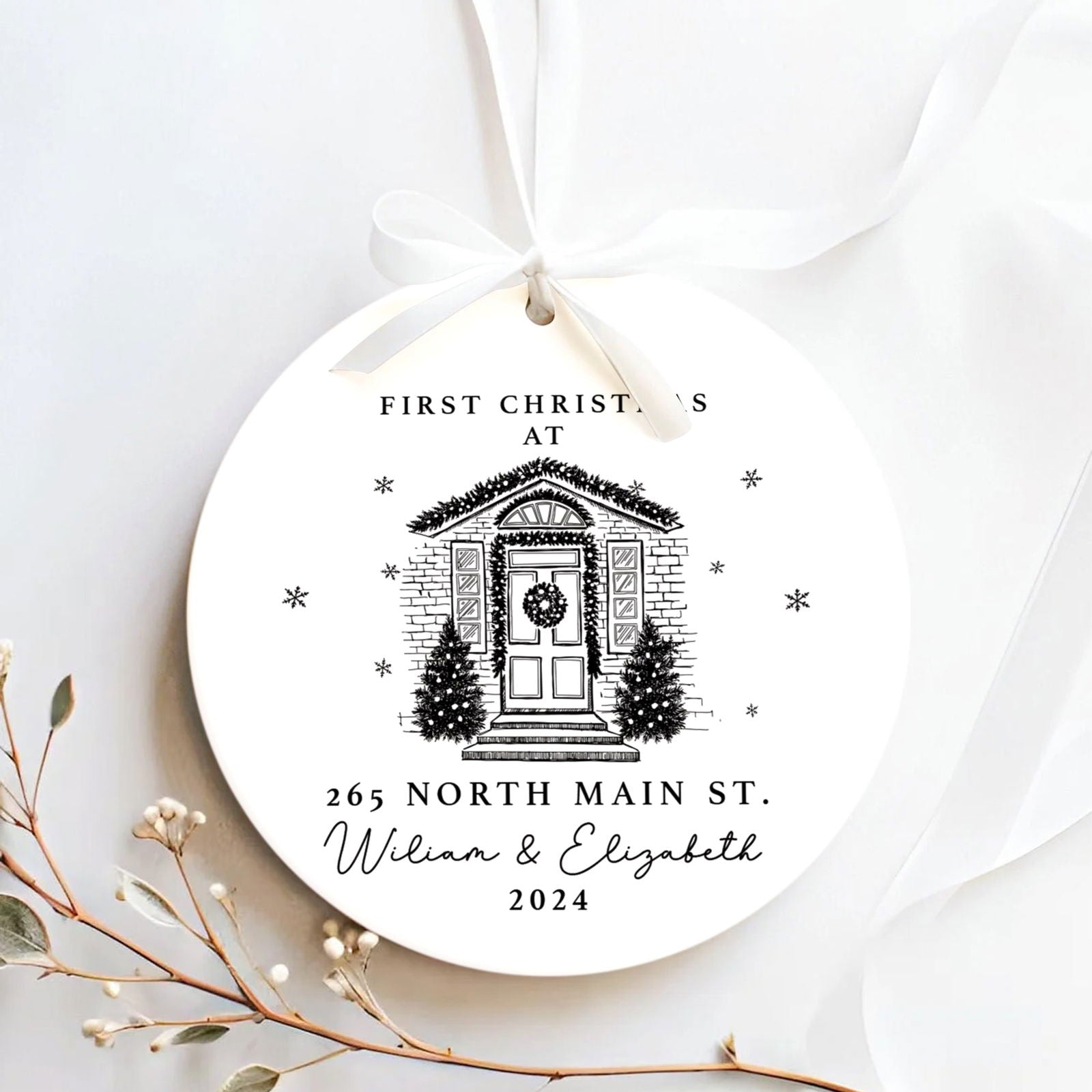Personalized First Christmas in New Home Ornament - Custom Ceramic Keepsake with Names, Address, and Year - 3x3 Inches Holiday Decor Gift CX02-2 - Kindlytoys