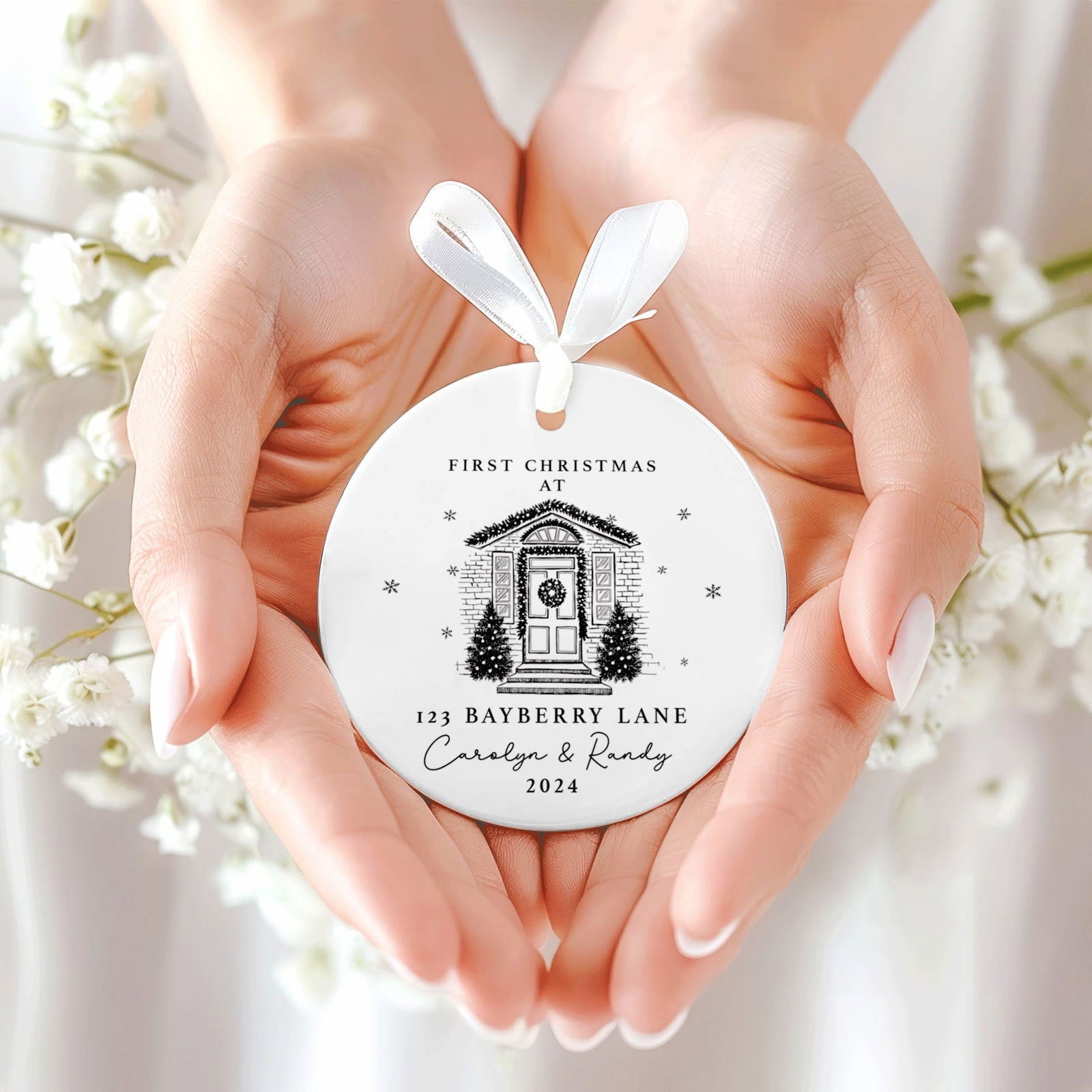 Personalized First Christmas in New Home Ornament - Custom Ceramic Keepsake with Names, Address, and Year - 3x3 Inches Holiday Decor Gift CX02-2 - Kindlytoys