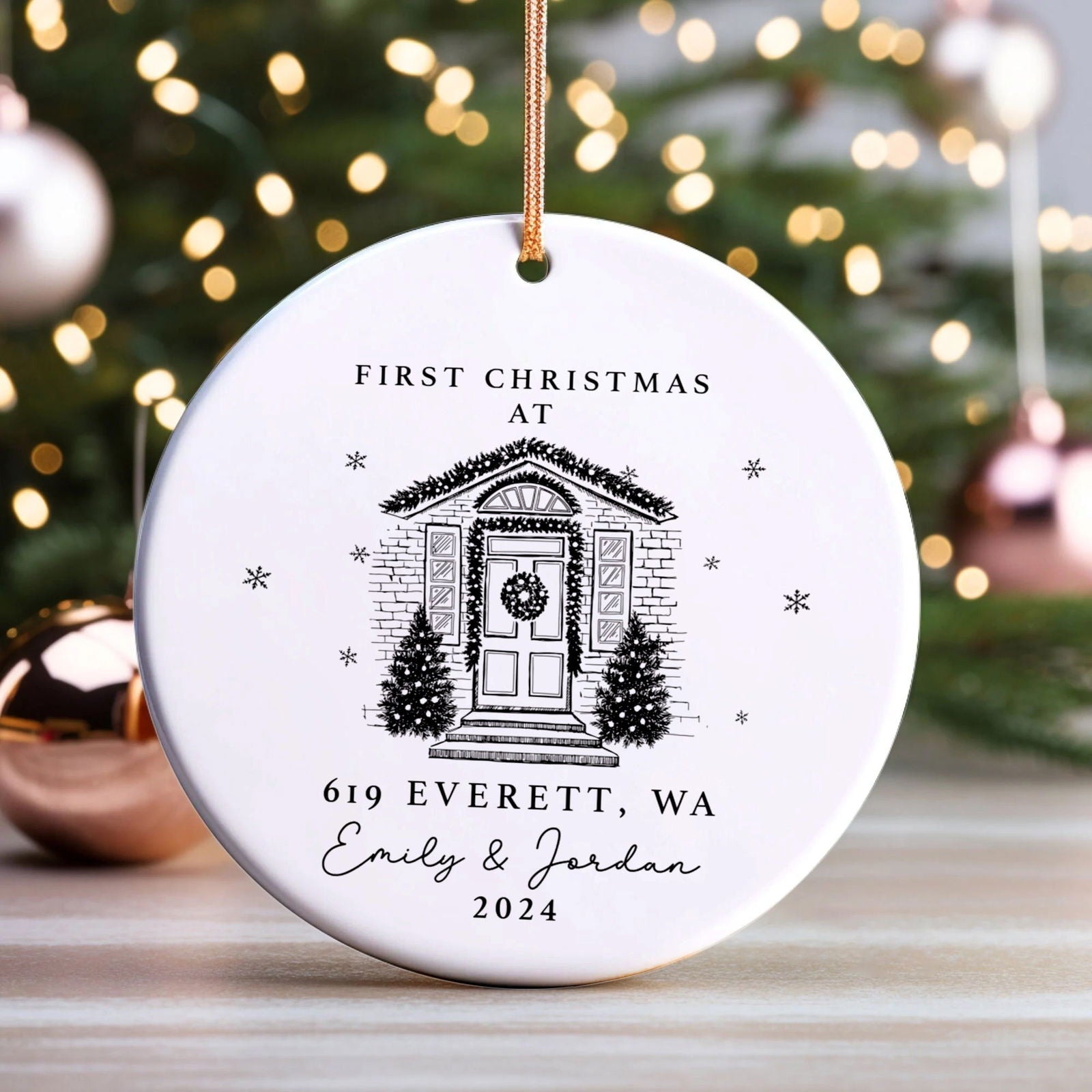 Personalized First Christmas in New Home Ornament - Custom Ceramic Keepsake with Names, Address, and Year - 3x3 Inches Holiday Decor Gift CX02-2 - Kindlytoys