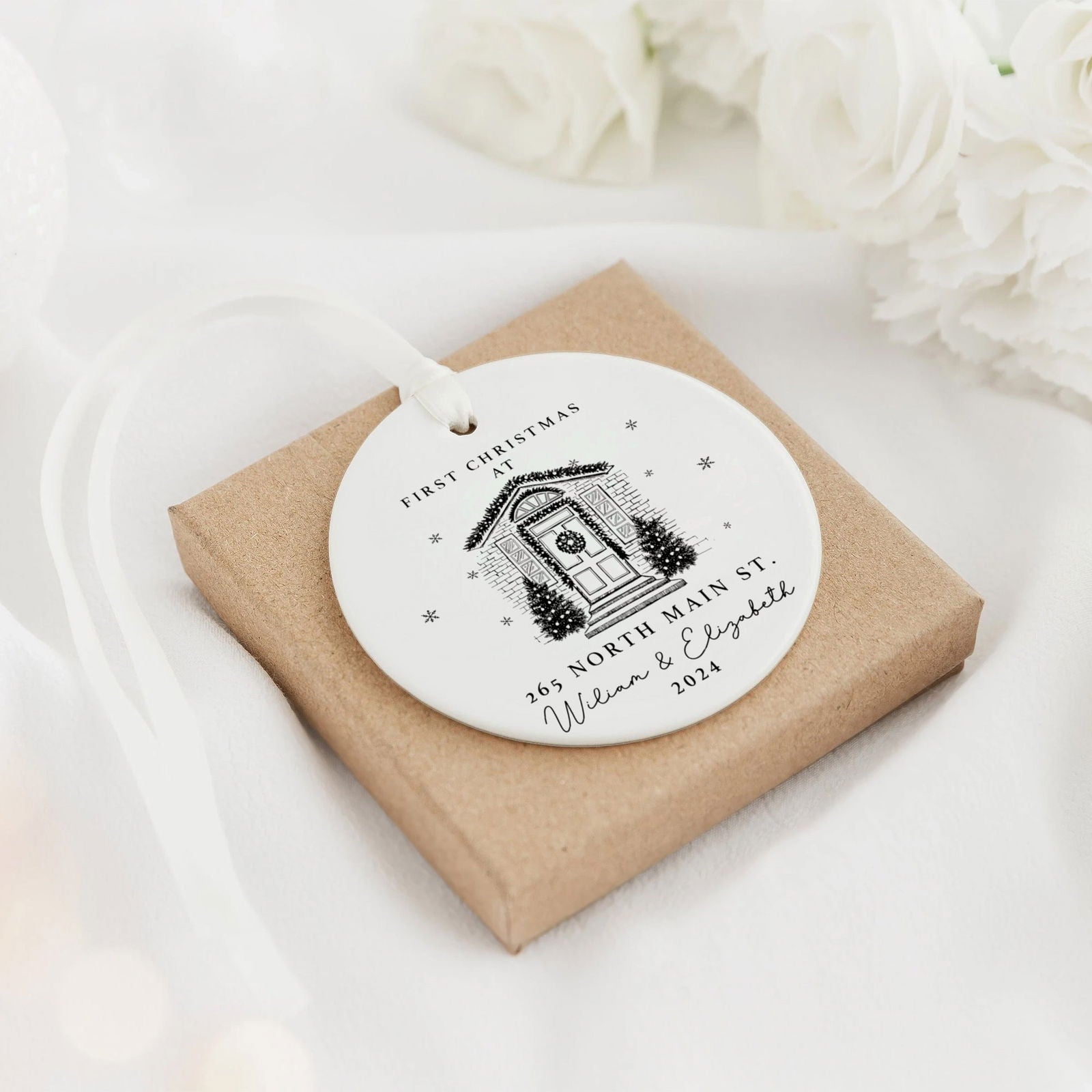 Personalized First Christmas in New Home Ornament - Custom Ceramic Keepsake with Names, Address, and Year - 3x3 Inches Holiday Decor Gift CX02-2 - Kindlytoys