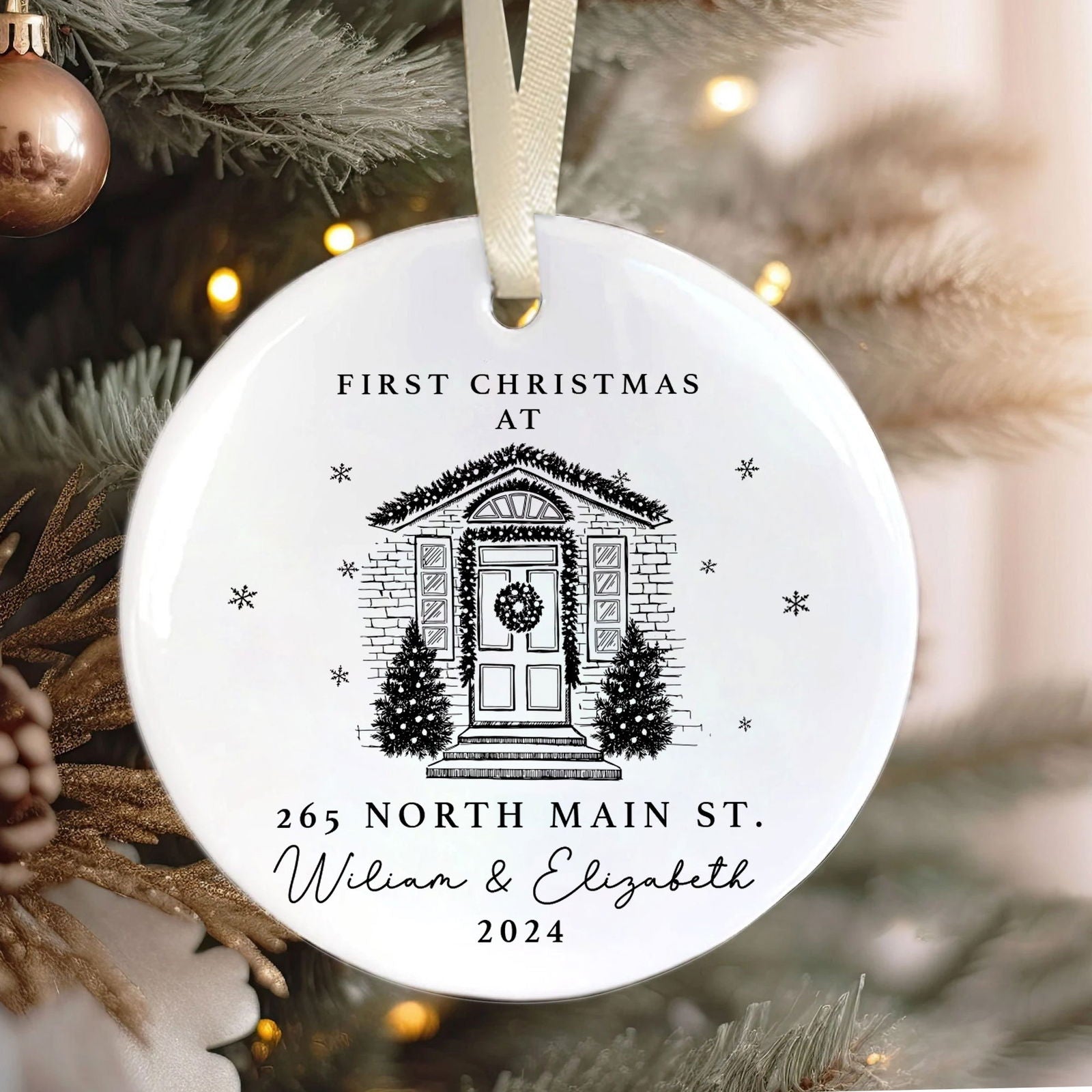 Personalized First Christmas in New Home Ornament - Custom Ceramic Keepsake with Names, Address, and Year - 3x3 Inches Holiday Decor Gift CX02-2 - Kindlytoys
