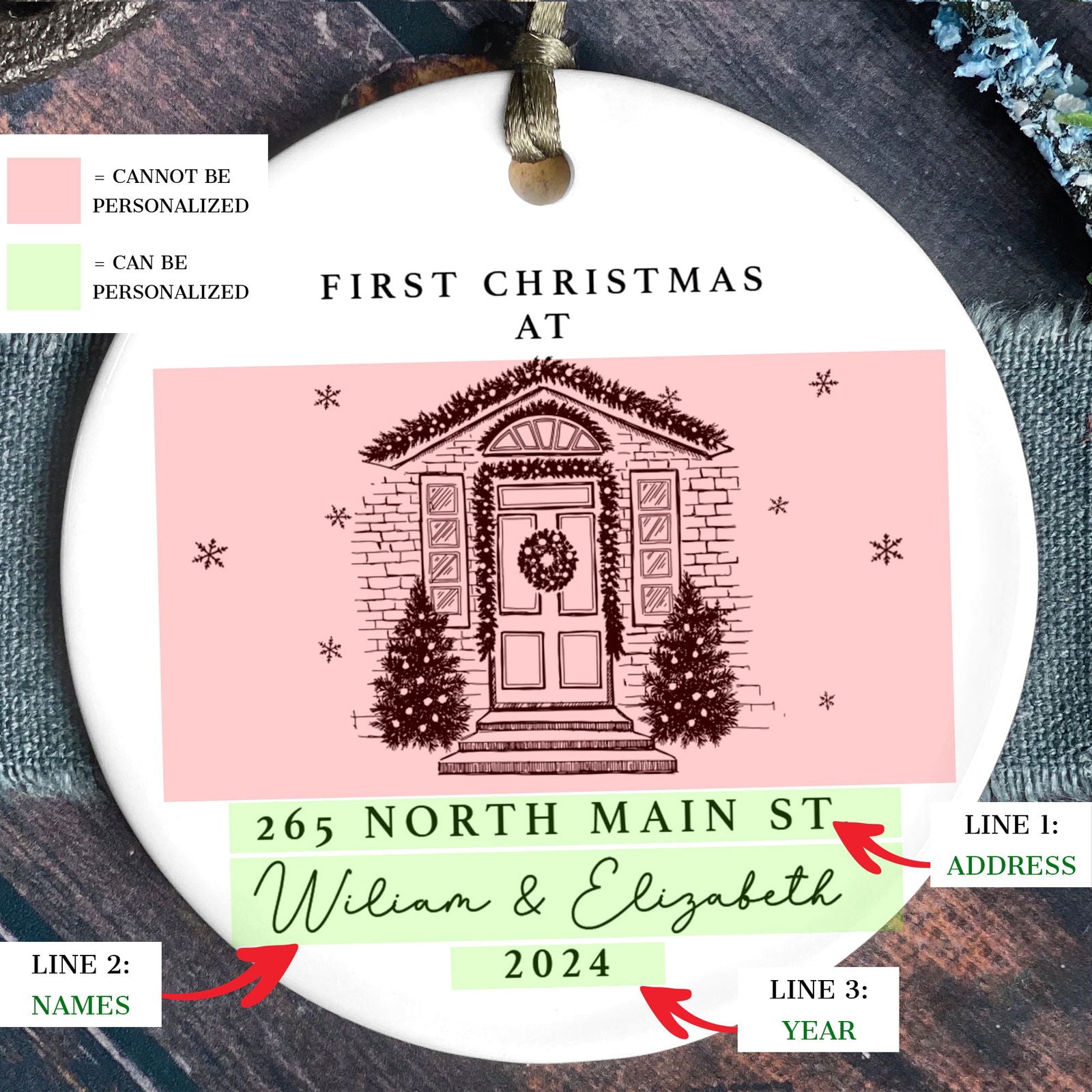 Personalized First Christmas in New Home Ornament - Custom Ceramic Keepsake with Names, Address, and Year - 3x3 Inches Holiday Decor Gift CX02-2 - Kindlytoys