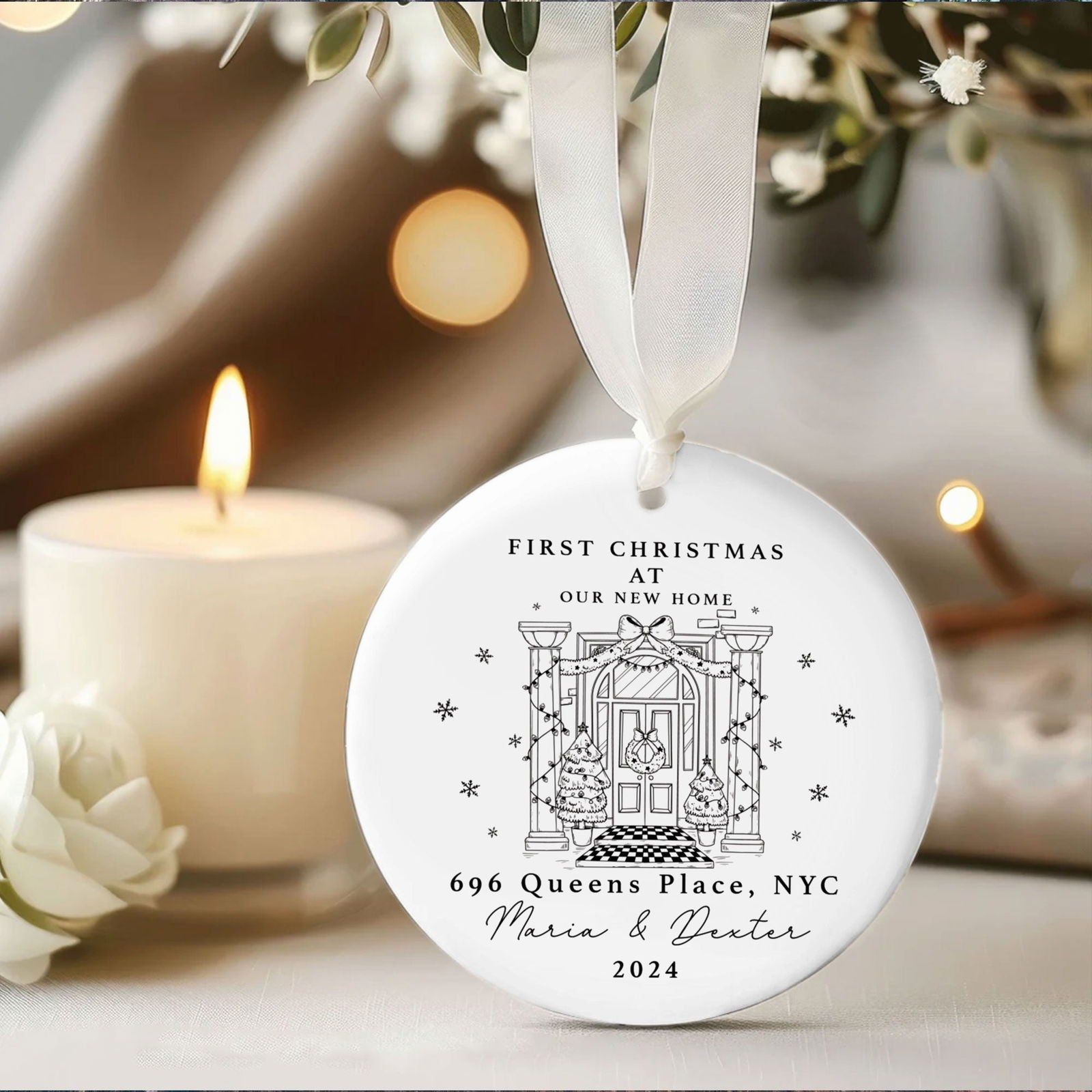 Personalized First Christmas in New Home Ornament - Custom Ceramic Keepsake with Names, Address, and Year - 3x3 Inches Holiday Decor Gift CX02-3 - Kindlytoys