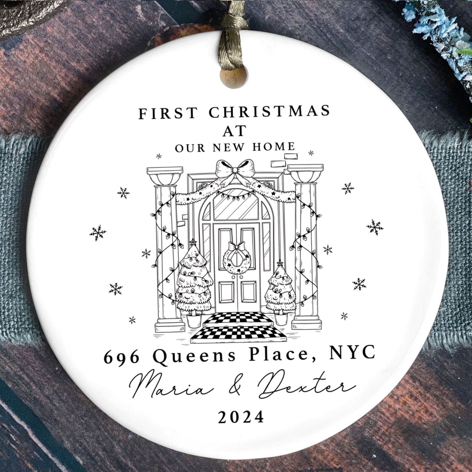 Personalized First Christmas in New Home Ornament - Custom Ceramic Keepsake with Names, Address, and Year - 3x3 Inches Holiday Decor Gift CX02-3 - Kindlytoys