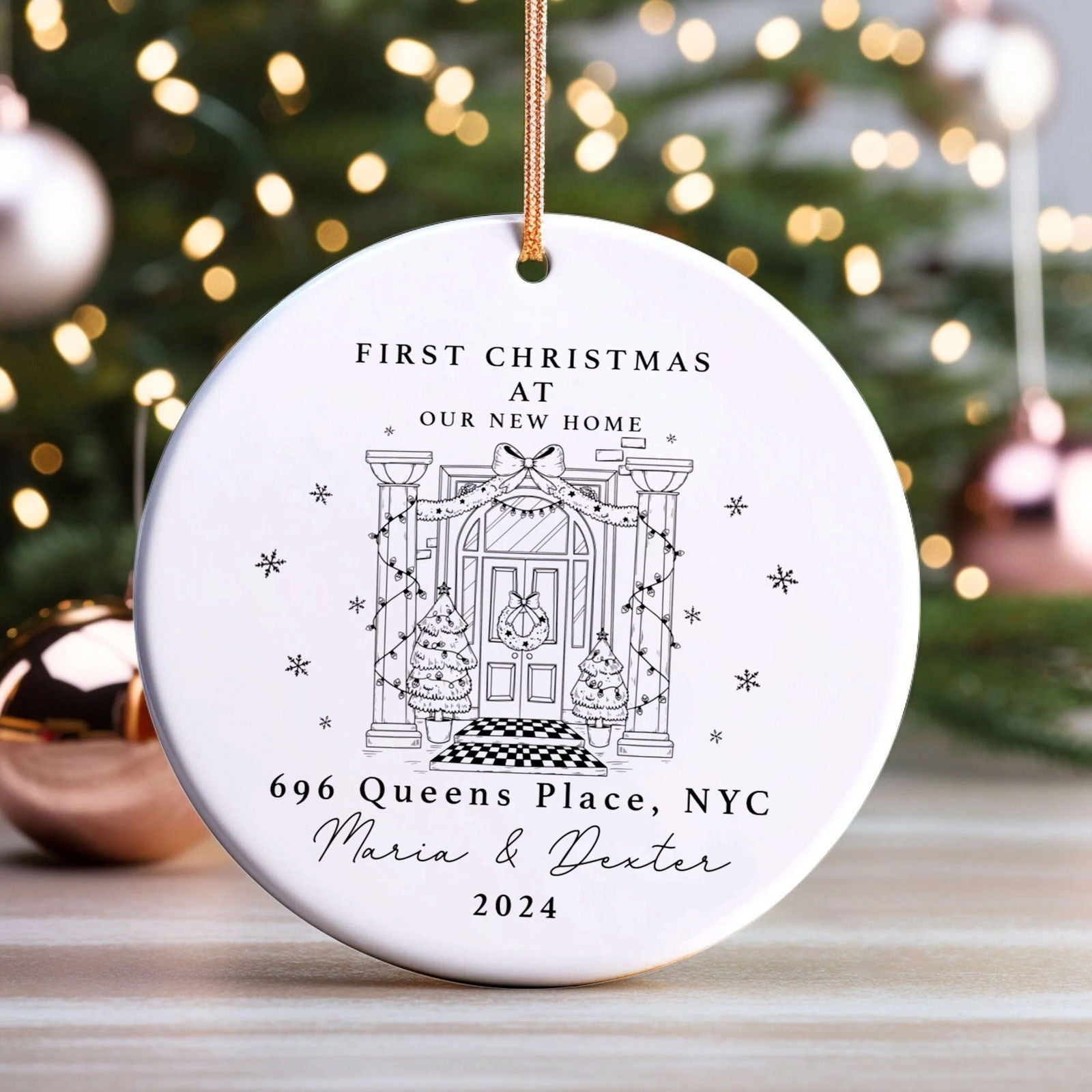 Personalized First Christmas in New Home Ornament - Custom Ceramic Keepsake with Names, Address, and Year - 3x3 Inches Holiday Decor Gift CX02-3 - Kindlytoys