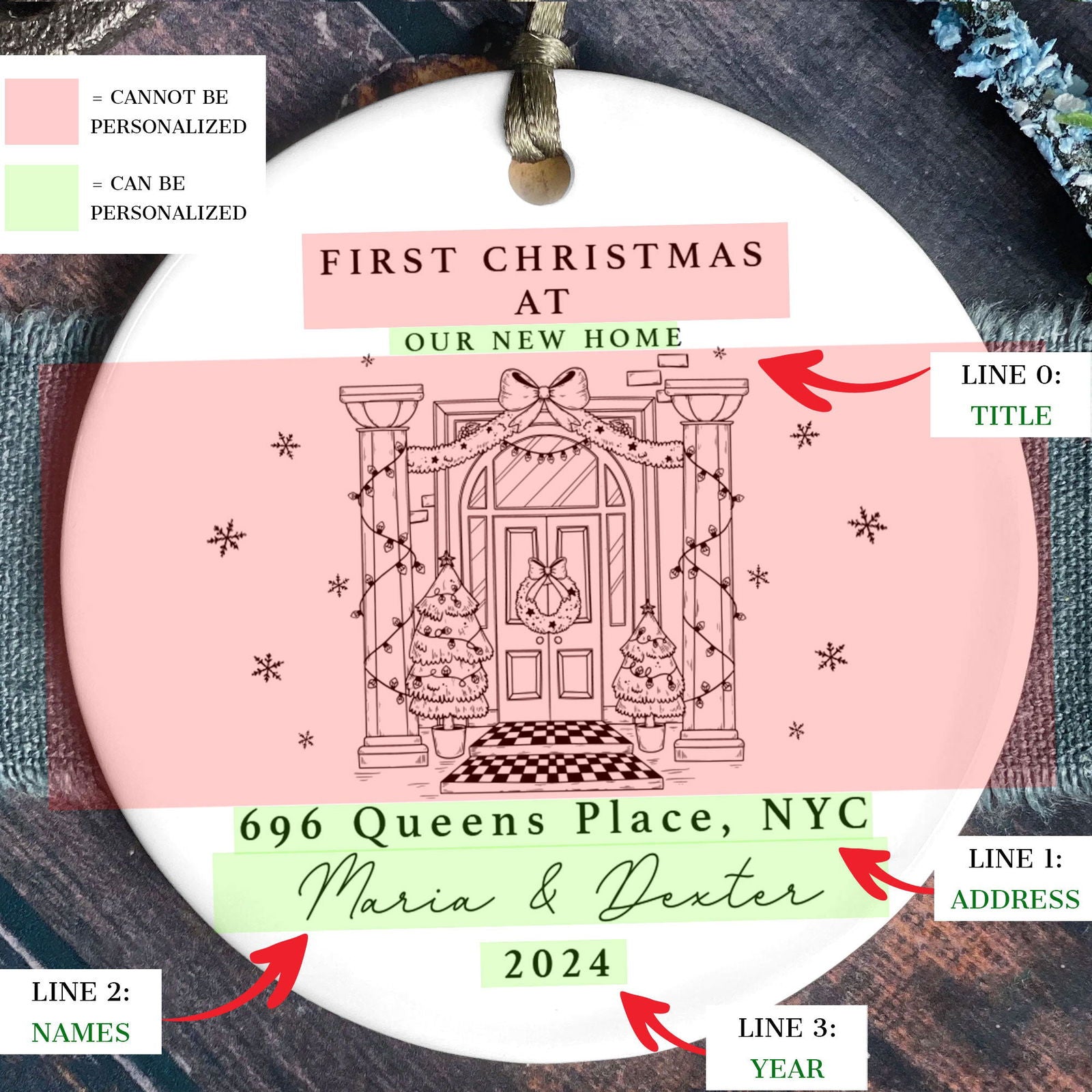 Personalized First Christmas in New Home Ornament - Custom Ceramic Keepsake with Names, Address, and Year - 3x3 Inches Holiday Decor Gift CX02-3 - Kindlytoys