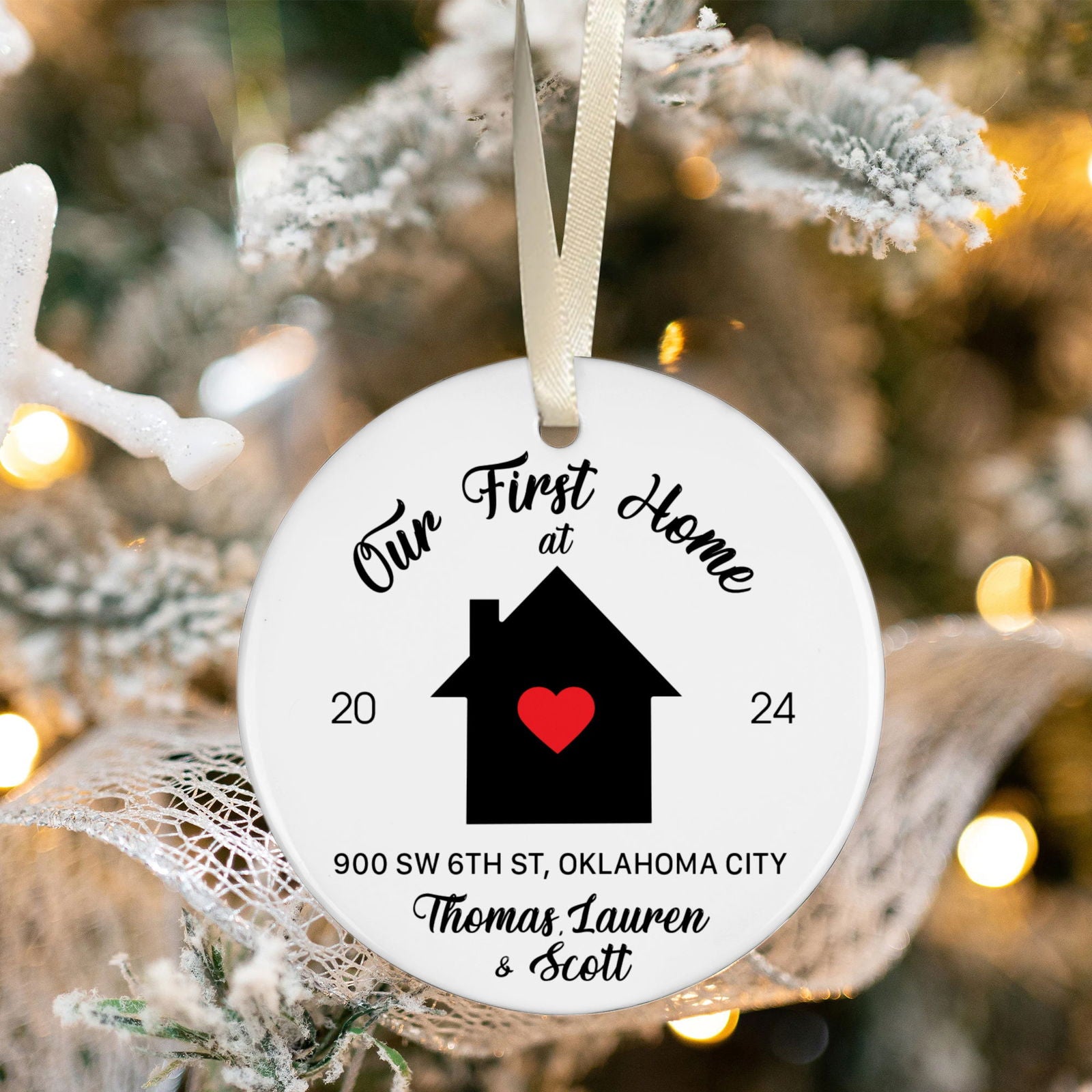 Personalized First Christmas in New Home Ornament - Custom Ceramic Keepsake with Names, Address, and Year - 3x3 Inches Holiday Decor Gift CX02-9 - Kindlytoys