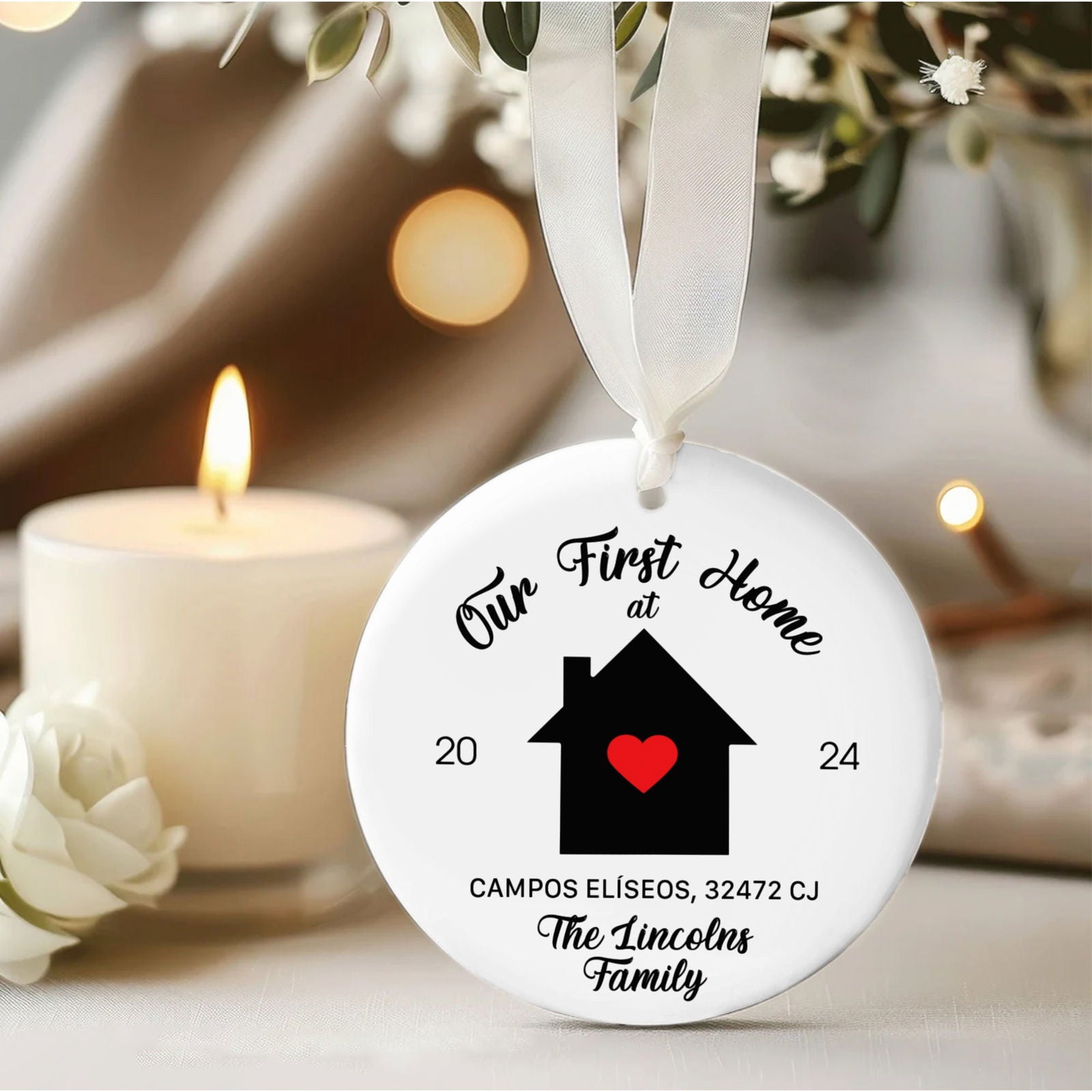 Personalized First Christmas in New Home Ornament - Custom Ceramic Keepsake with Names, Address, and Year - 3x3 Inches Holiday Decor Gift CX02-9 - Kindlytoys