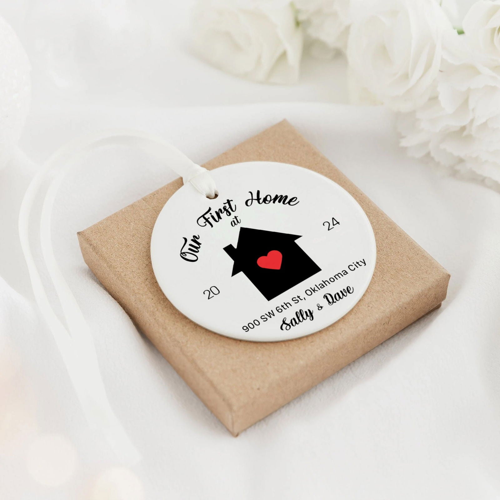 Personalized First Christmas in New Home Ornament - Custom Ceramic Keepsake with Names, Address, and Year - 3x3 Inches Holiday Decor Gift CX02-9 - Kindlytoys