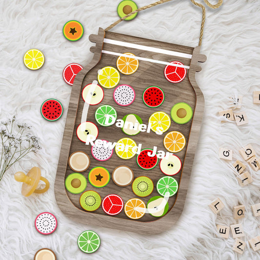 Personalized Fruit Reward Jar, Custom Reward Jar with Tokens, Classroom Teacher Star Jar Chore Chart. Gifts for Kids, Fridge Wood and Acrylic Printed Personalized Name PY13 - Kindlytoys