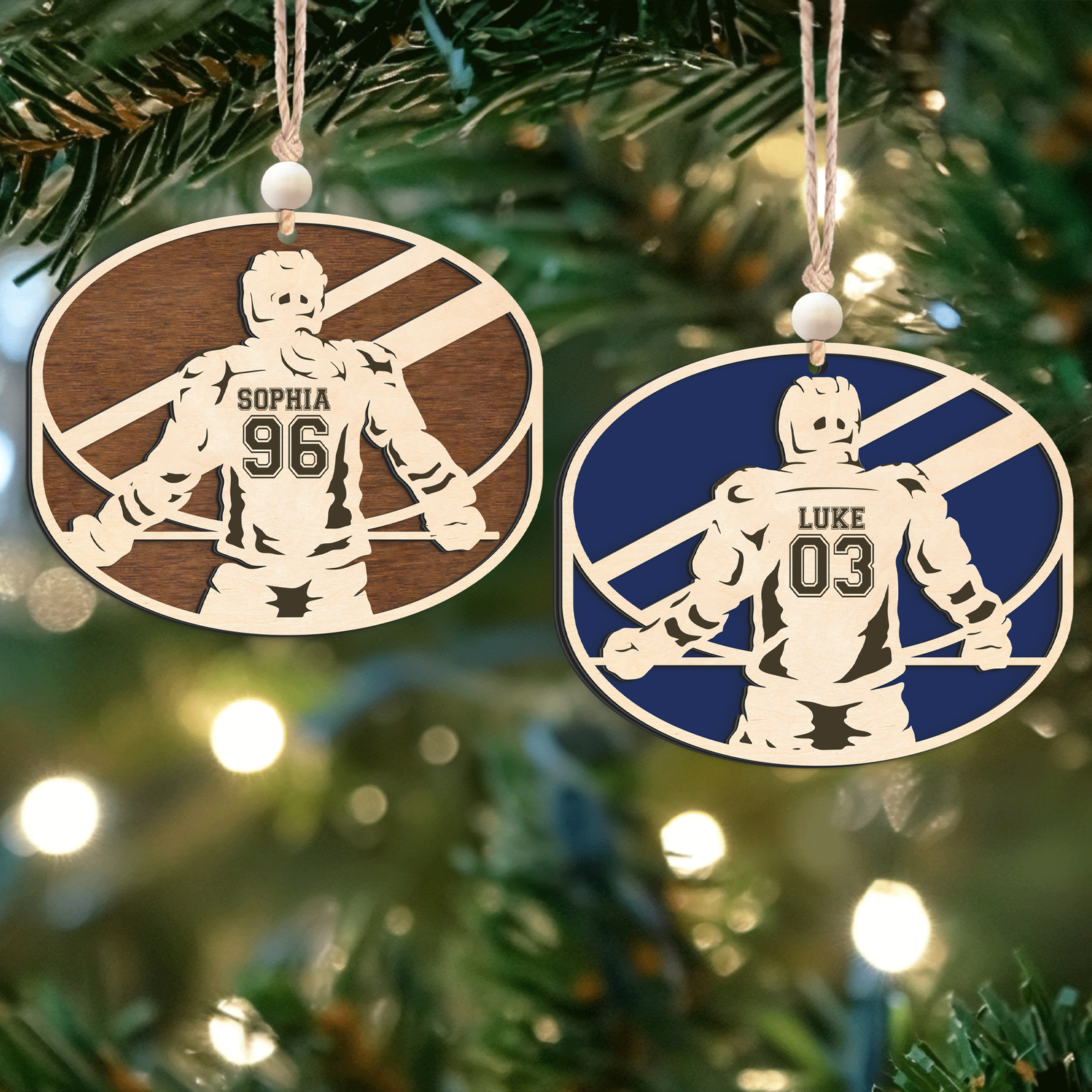 Personalized Hockey 2 Layered Wooden Ornament, Custom Name Number Hockey Player Christmas Ornament, CF929 - Kindlytoys