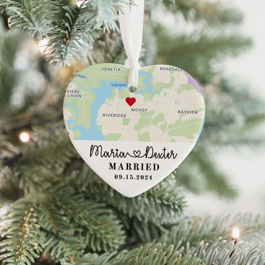 Personalized Married Heart Ornament, Custom Map Ornament, Wedding Map Ornament, Wedding Gift For Couple, Christmas Ornament CY05-18 - Kindlytoys
