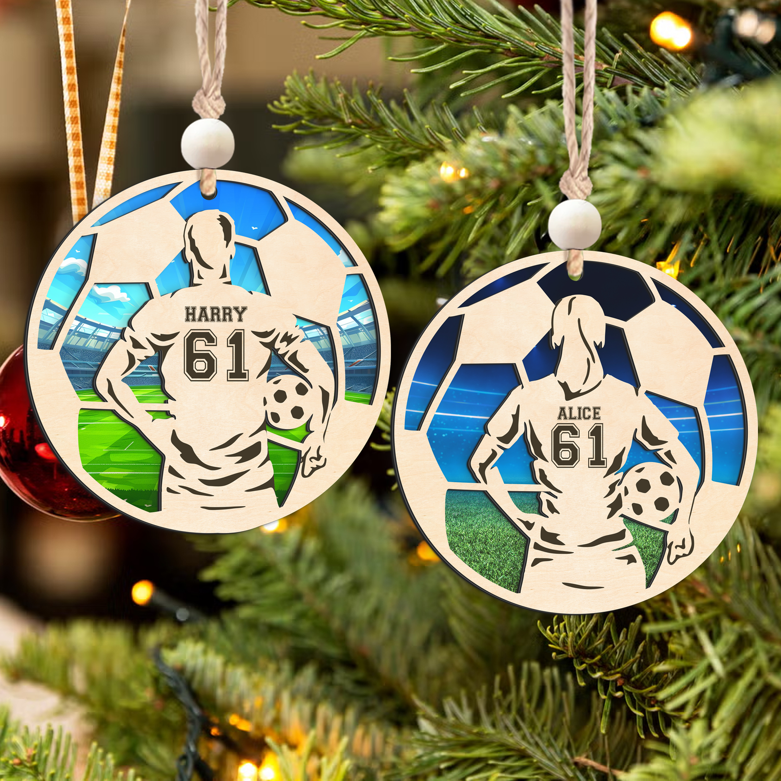 Personalized Soccer Christmas Ornament, Soccer Wooden Ornament 2 Layers,  CF926 - Kindlytoys