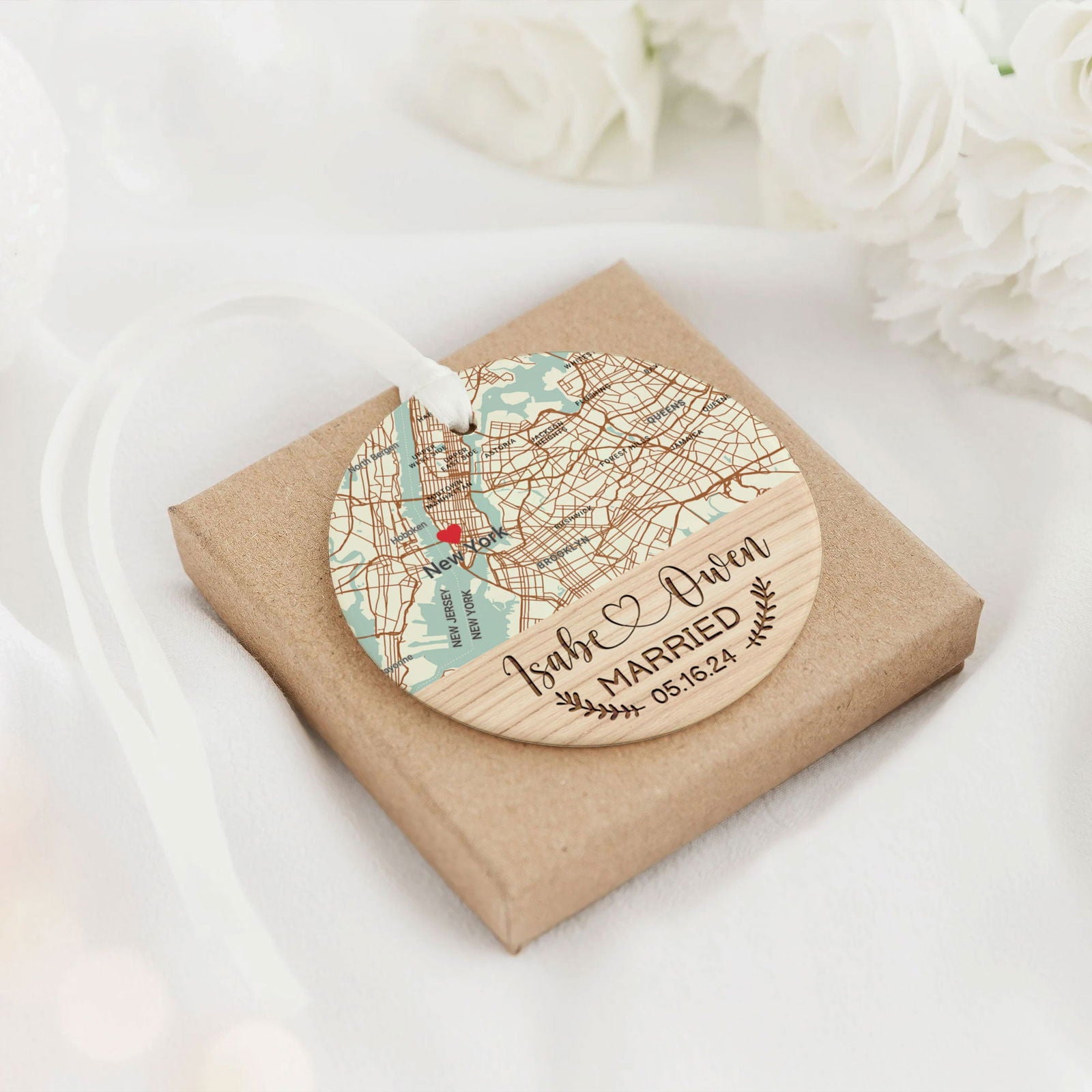 Personalized Wedding Anniversary Ceramic Ornament, Custom Map Ornament, Custom 2 Sided Ceramic Photo Ornament, Couple Picture Double Sided Ornament, Wedding Ornament, Gift For Couple, Anniversary Gift CQ02-1 - Kindlytoys