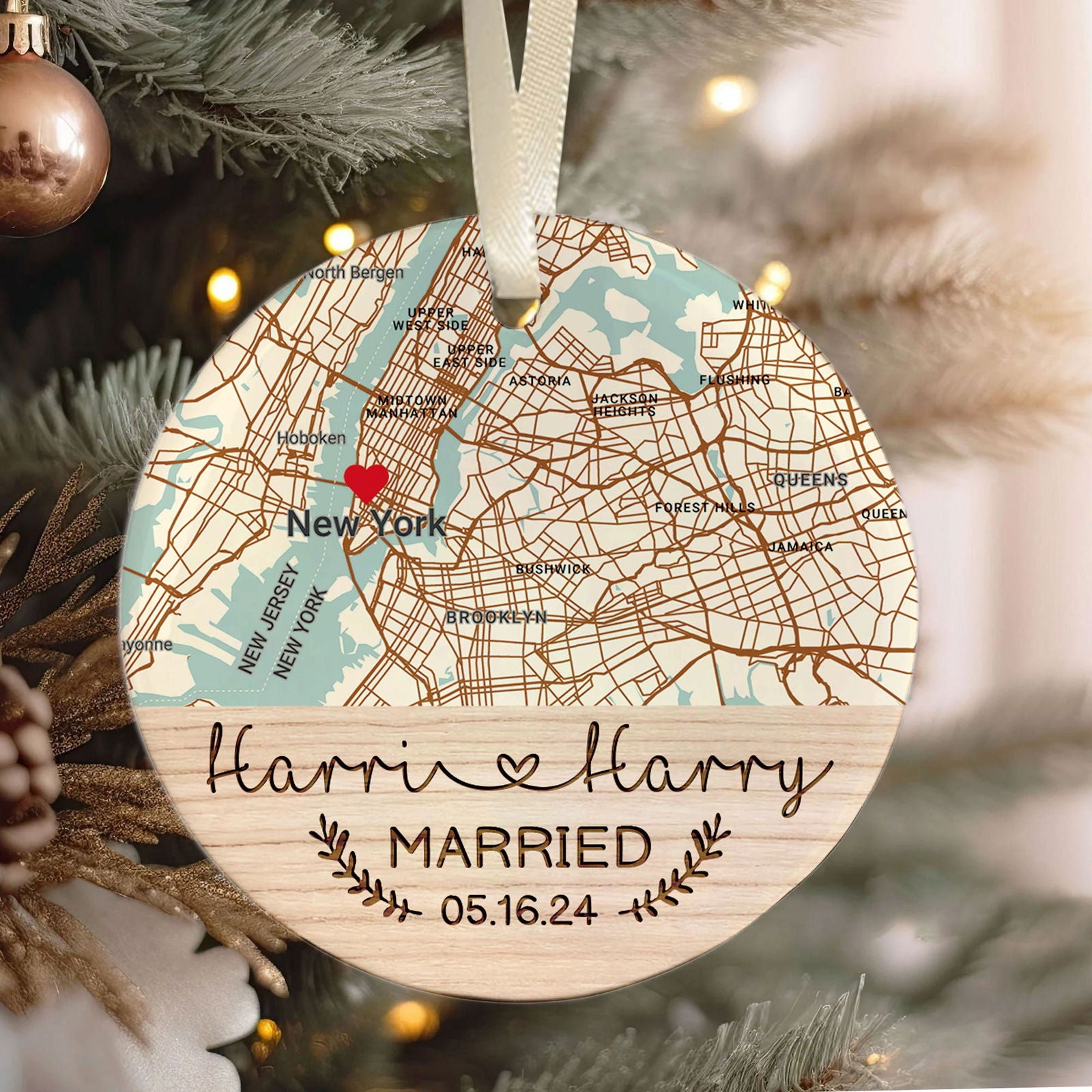 Personalized Wedding Anniversary Ceramic Ornament, Custom Map Ornament, Custom 2 Sided Ceramic Photo Ornament, Couple Picture Double Sided Ornament, Wedding Ornament, Gift For Couple, Anniversary Gift CQ02-1 - Kindlytoys