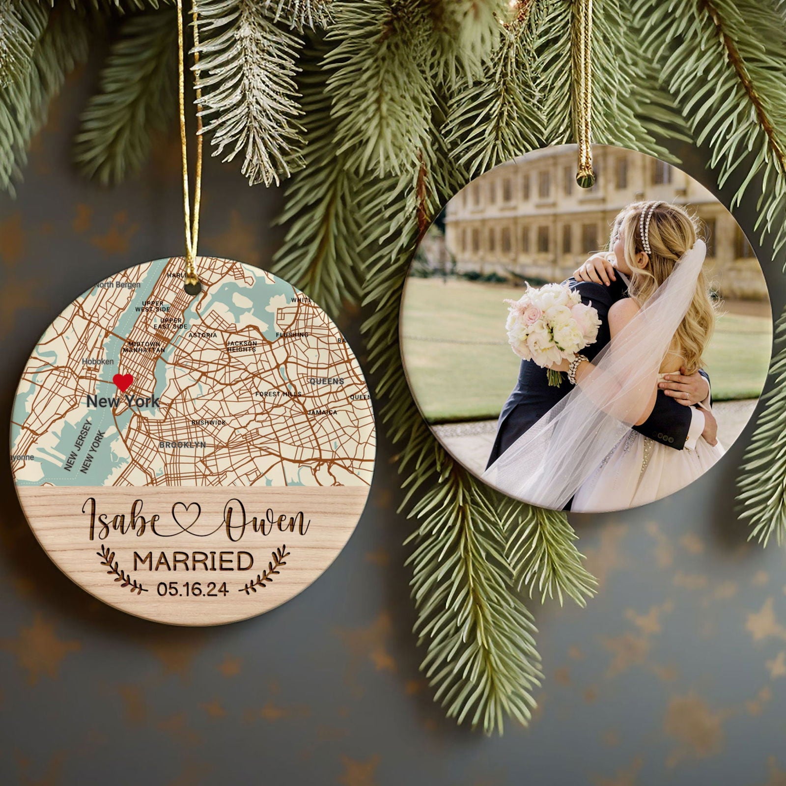 Personalized Wedding Anniversary Ceramic Ornament, Custom Map Ornament, Custom 2 Sided Ceramic Photo Ornament, Couple Picture Double Sided Ornament, Wedding Ornament, Gift For Couple, Anniversary Gift CQ02-1 - Kindlytoys