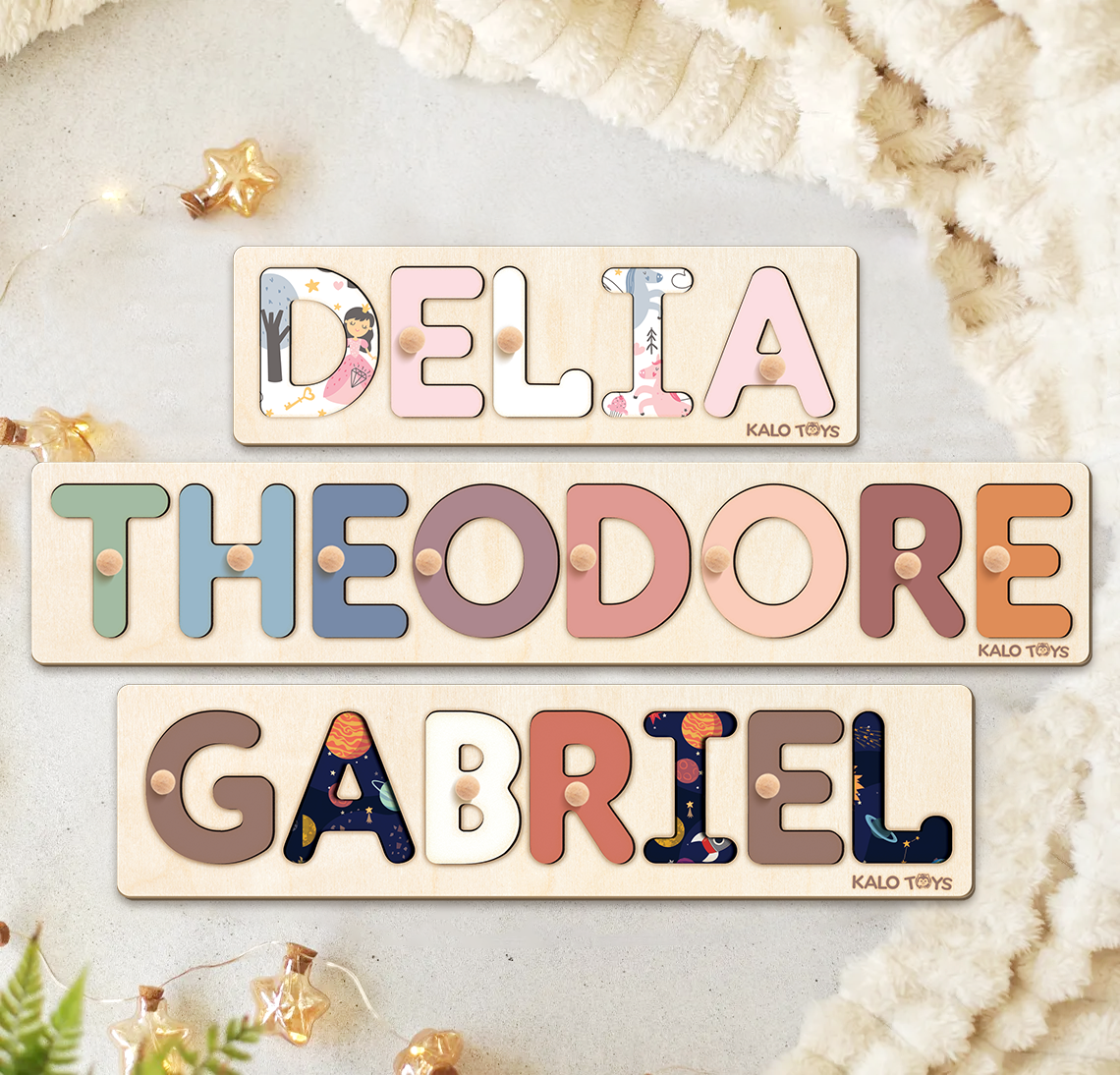 Personalized Wooden Name Puzzle with Unique Themed Designs, Montessori Toddler Puzzle for 1-3 Year Olds, Customizable Puzzle Board for Kids | KindlyToys NP41 - Kindlytoys